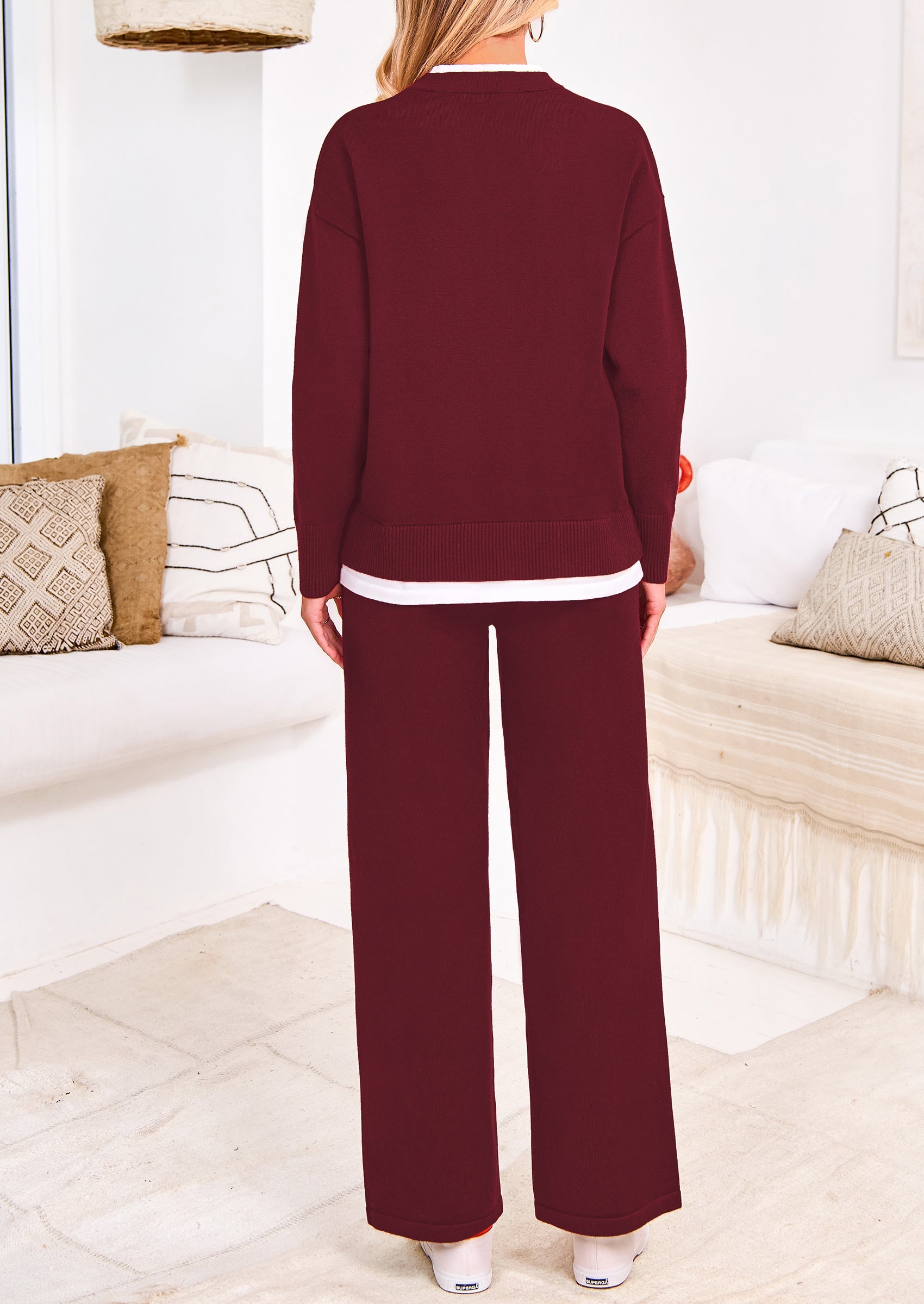Chichi Two Piece Matching Sweater Lounge Sets Knit Long Sleeve Pullover Tops Wide Leg Pants Wine Red