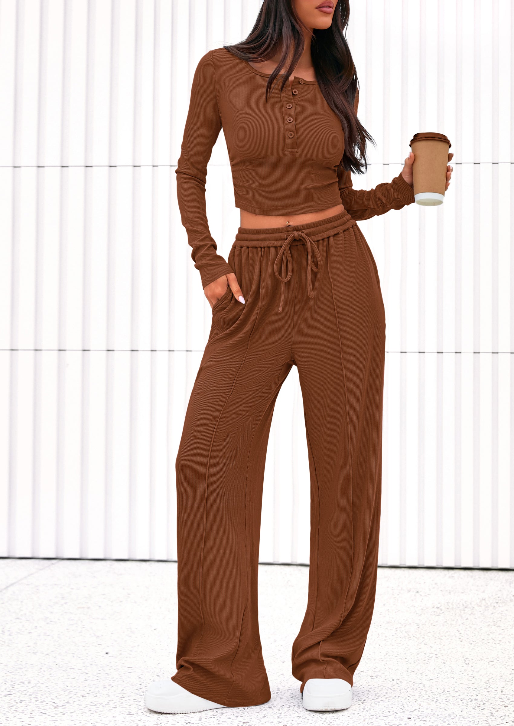 Chichi Women's Fall Trendy 2 Piece Outfits Lounge Sets Long Sleeve Top Henley Shirts Wide Leg Pants Travel Clothes Brown