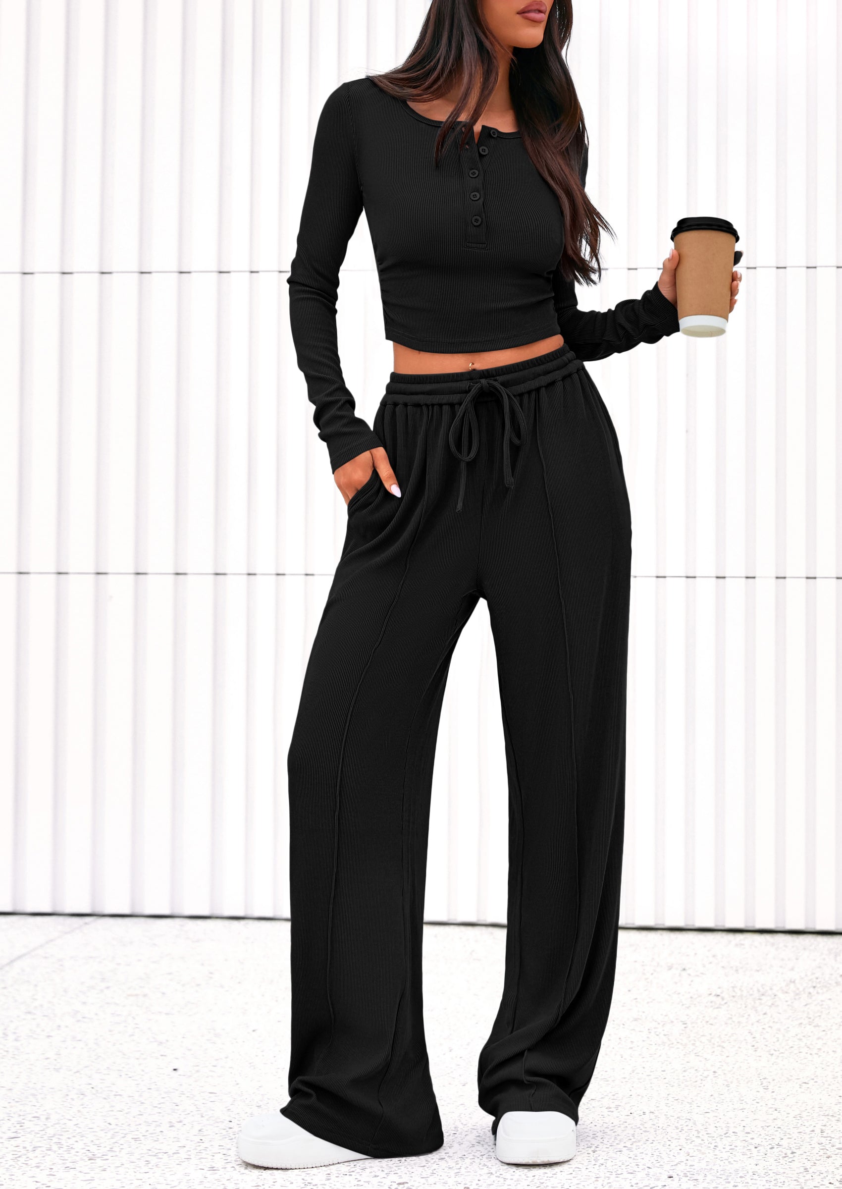 Chichi Women's Fall Trendy 2 Piece Outfits Lounge Sets Long Sleeve Top Henley Shirts Wide Leg Pants Travel Clothes Black