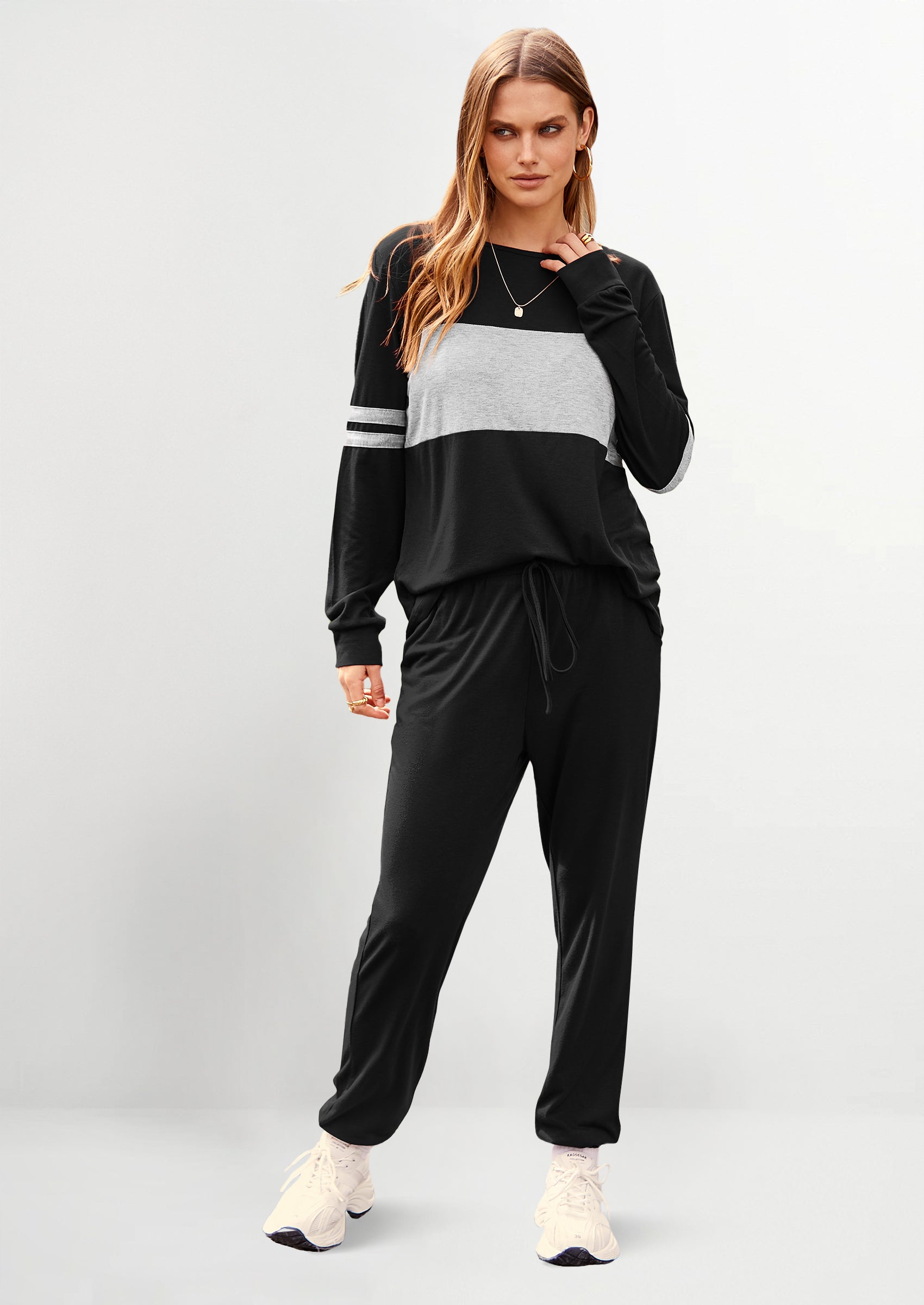Chichi Women's Color Block 2 Piece Spring Tracksuit Crewneck Long Sleeve Tops Long Sweatpants Outfits Lounge Sets Black