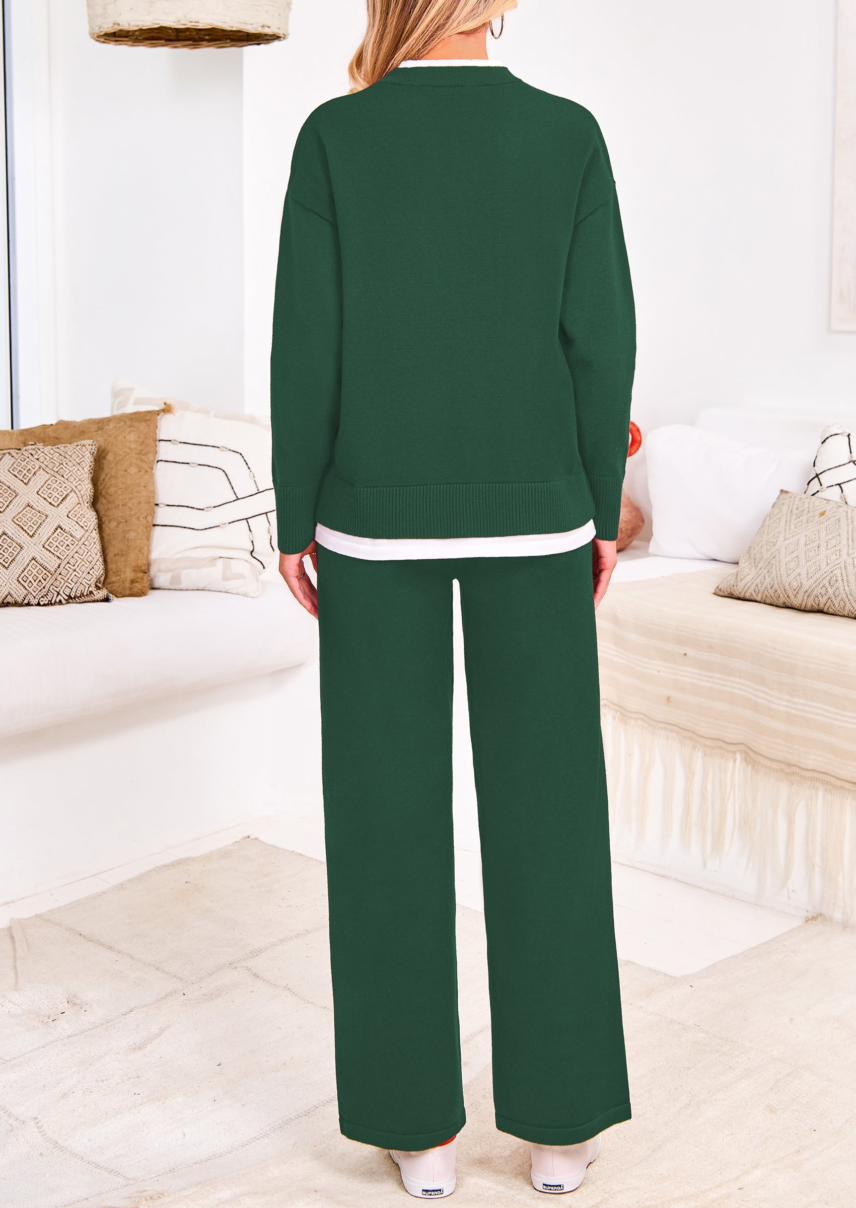 Chichi Two Piece Matching Sweater Lounge Sets Knit Long Sleeve Pullover Tops Wide Leg Pants Dark Green