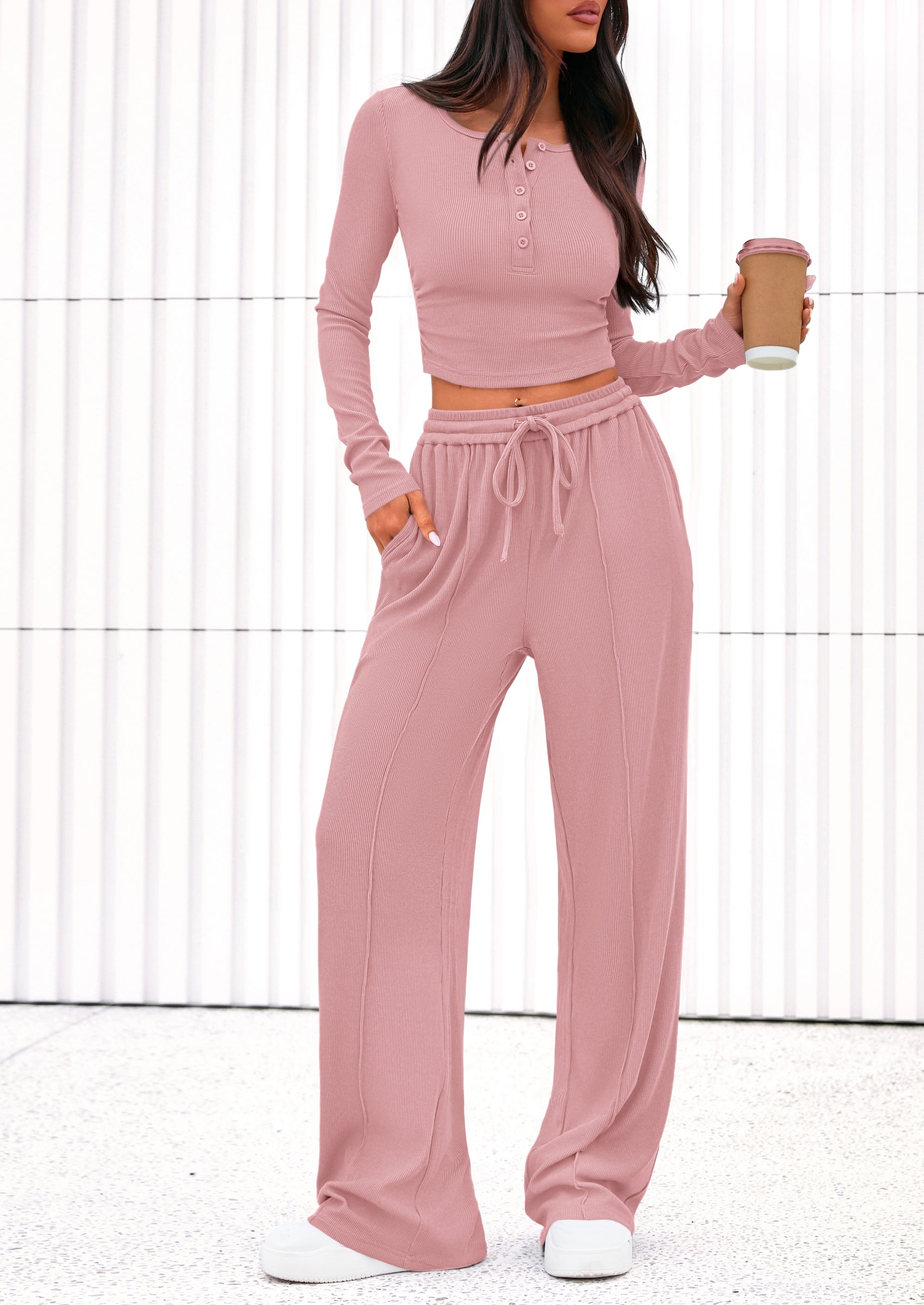 Chichi Women's Fall Trendy 2 Piece Outfits Lounge Sets Long Sleeve Top Henley Shirts Wide Leg Pants Travel Clothes Pink
