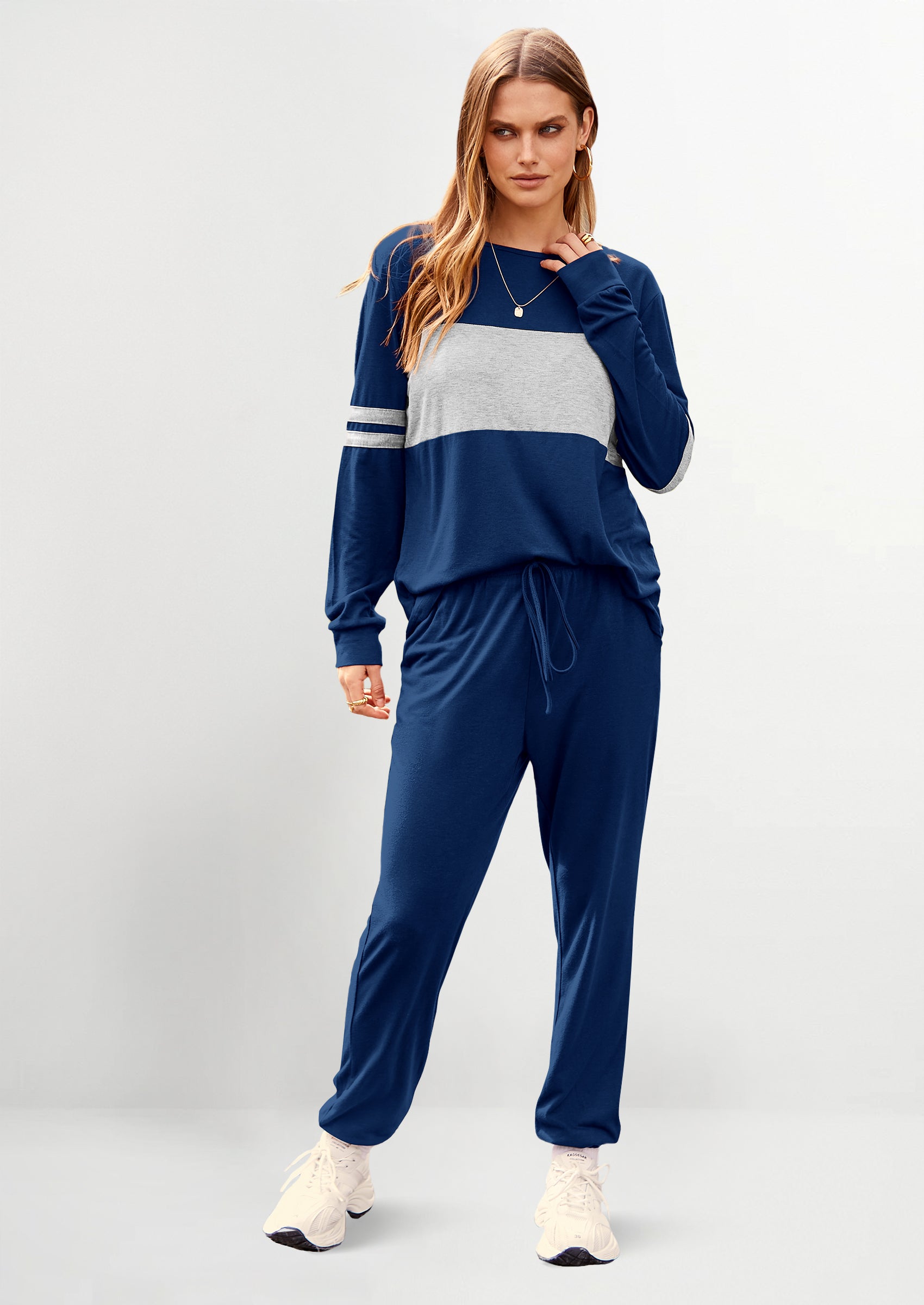Chichi Women's Color Block 2 Piece Spring Tracksuit Crewneck Long Sleeve Tops Long Sweatpants Outfits Lounge Sets Blue