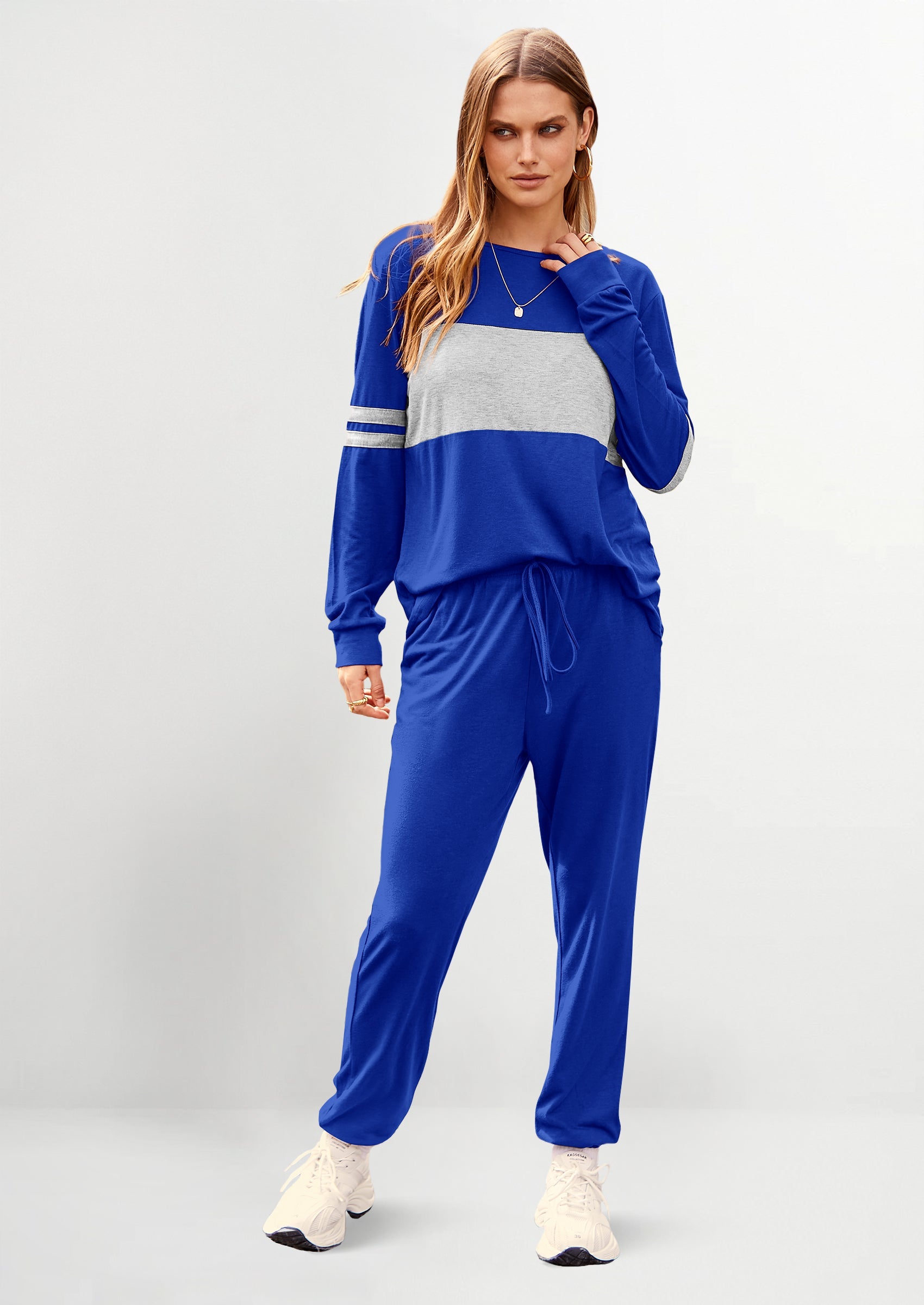 Chichi Women's Color Block 2 Piece Spring Tracksuit Crewneck Long Sleeve Tops Long Sweatpants Outfits Lounge Sets Dark Blue