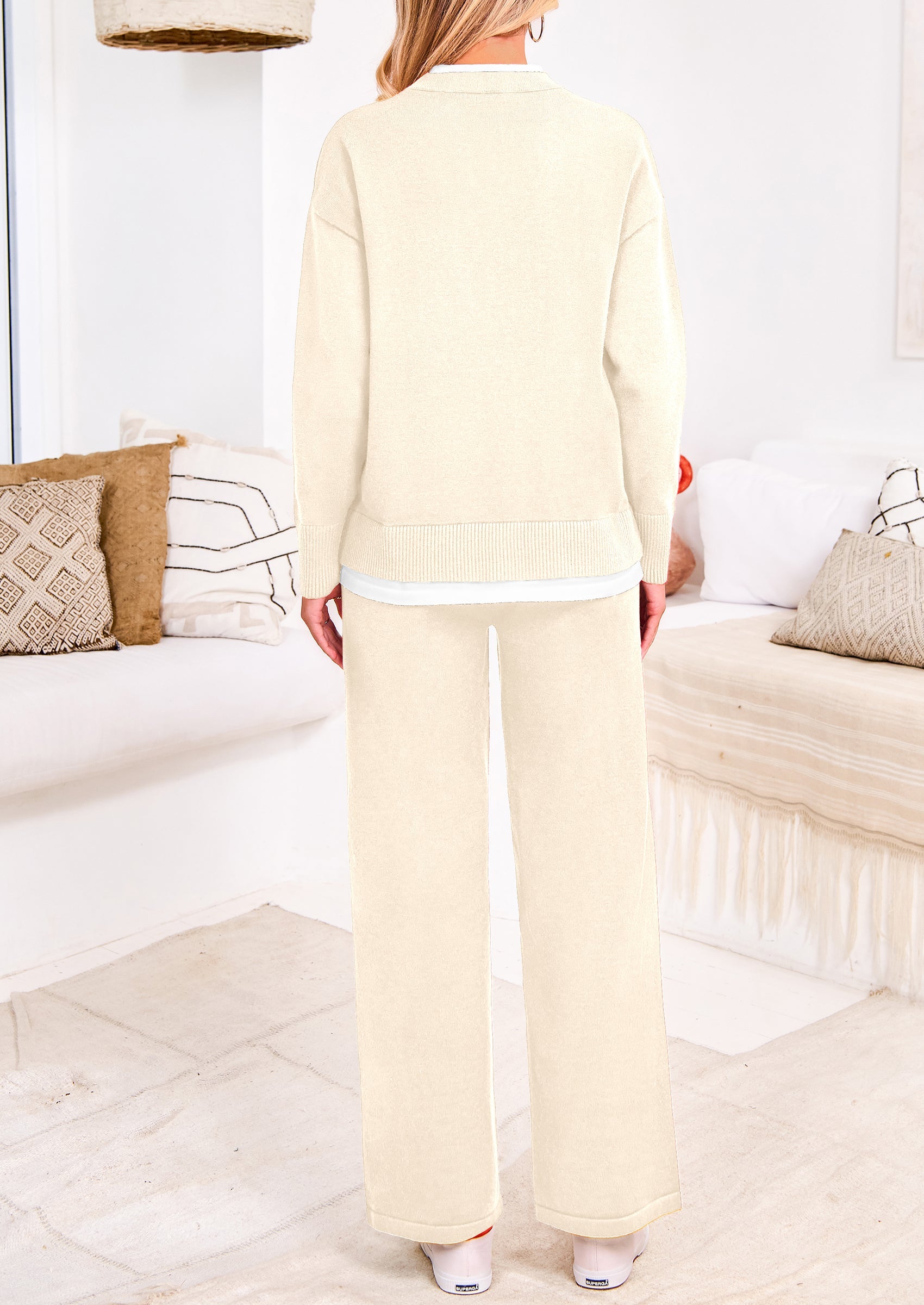 Chichi Two Piece Matching Sweater Lounge Sets Knit Long Sleeve Pullover Tops Wide Leg Pants Camel