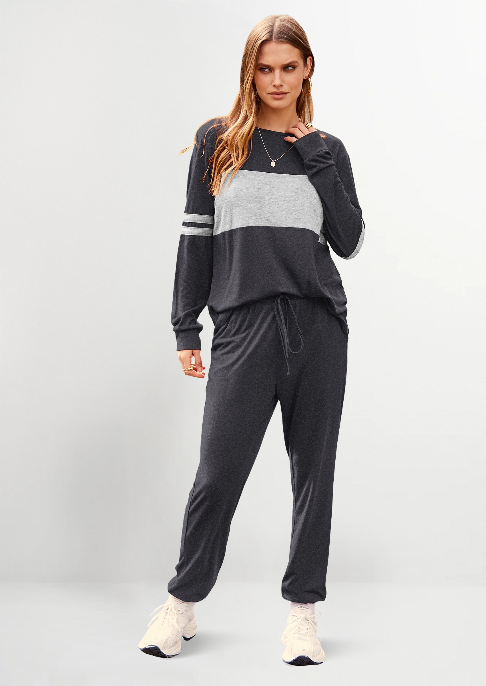 Chichi Women's Color Block 2 Piece Spring Tracksuit Crewneck Long Sleeve Tops Long Sweatpants Outfits Lounge Sets Dark Grey