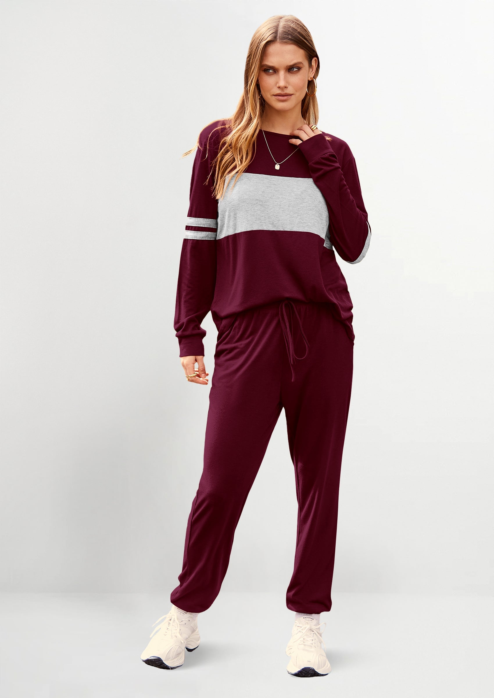 Chichi Women's Color Block 2 Piece Spring Tracksuit Crewneck Long Sleeve Tops Long Sweatpants Outfits Lounge Sets Wine Red