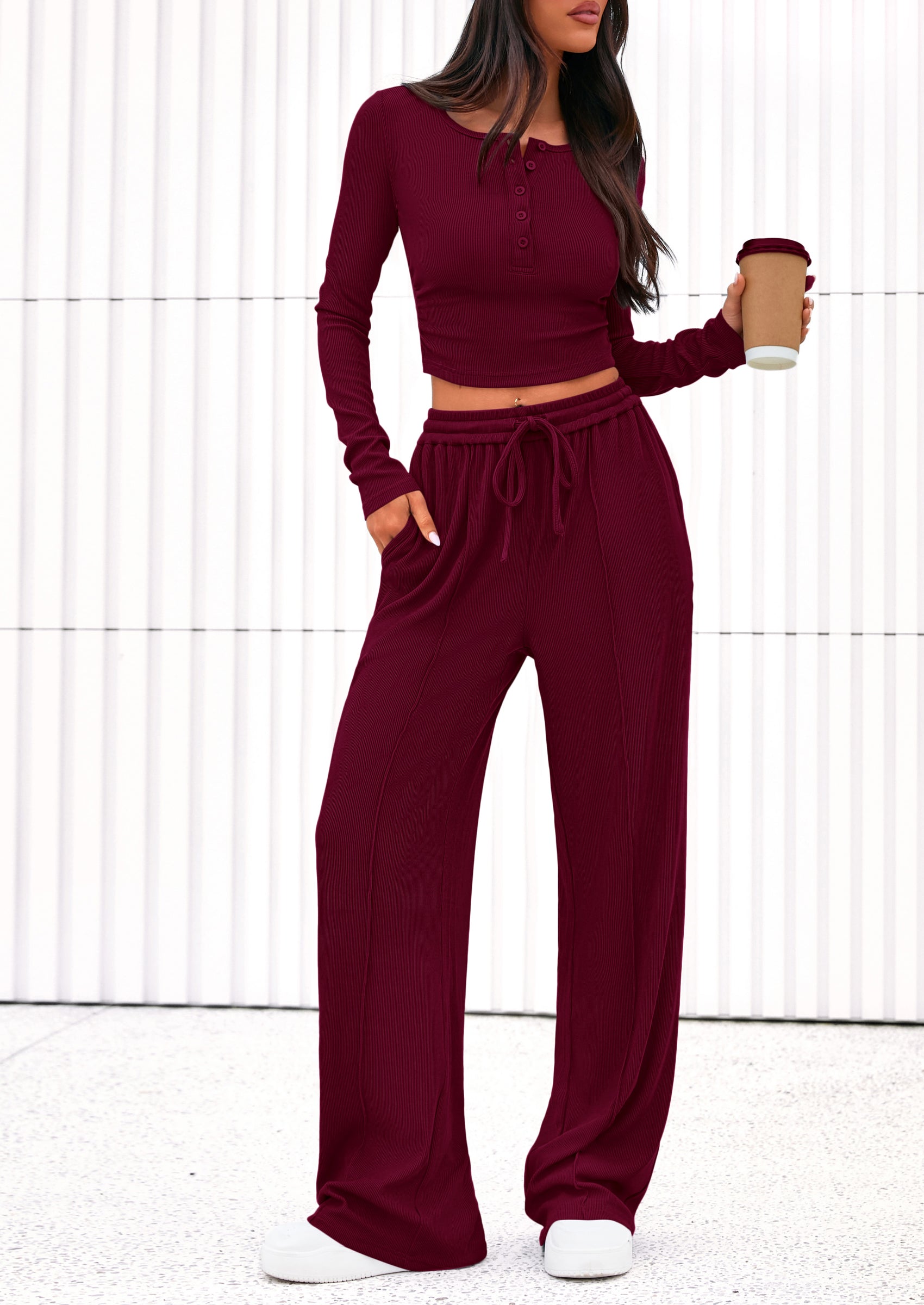 Chichi Women's Fall Trendy 2 Piece Outfits Lounge Sets Long Sleeve Top Henley Shirts Wide Leg Pants Travel Clothes Burgundy