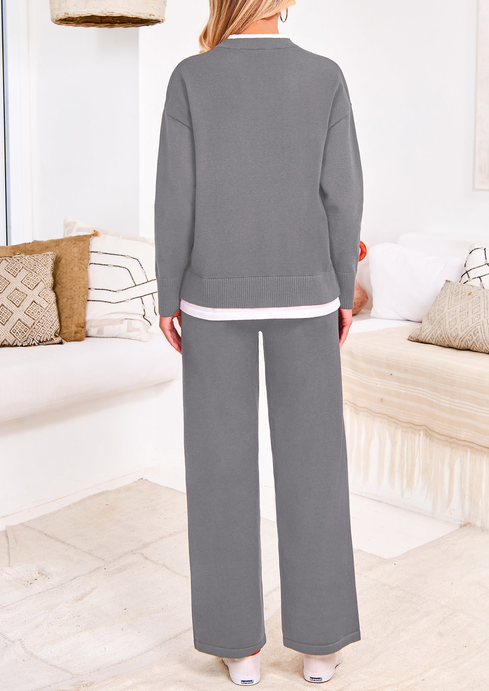 Chichi Two Piece Matching Sweater Lounge Sets Knit Long Sleeve Pullover Tops Wide Leg Pants Grey