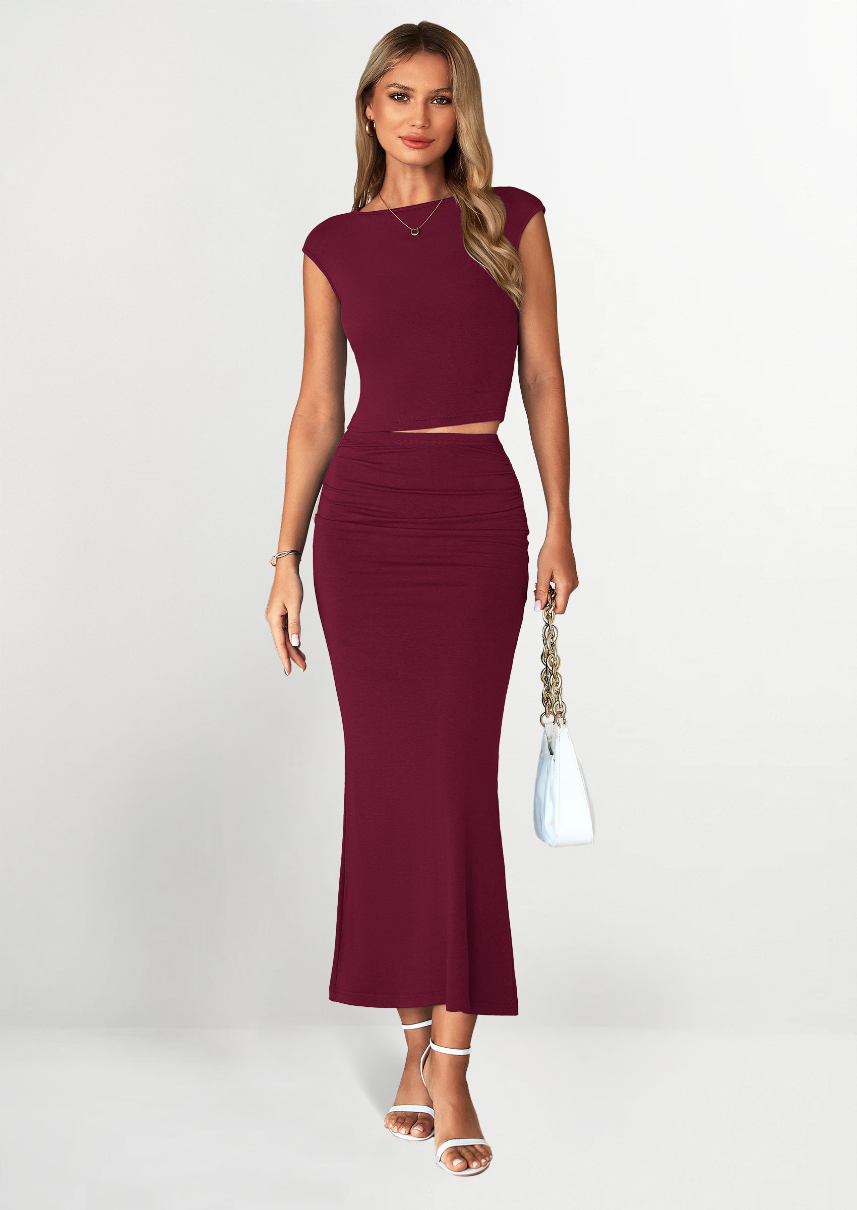 Chichi Summer 2 Piece Sets for Women Going Out Casual Cap Sleeve Crop Tops Ruched Maxi Long Skirts Spring Outfits Wine Red