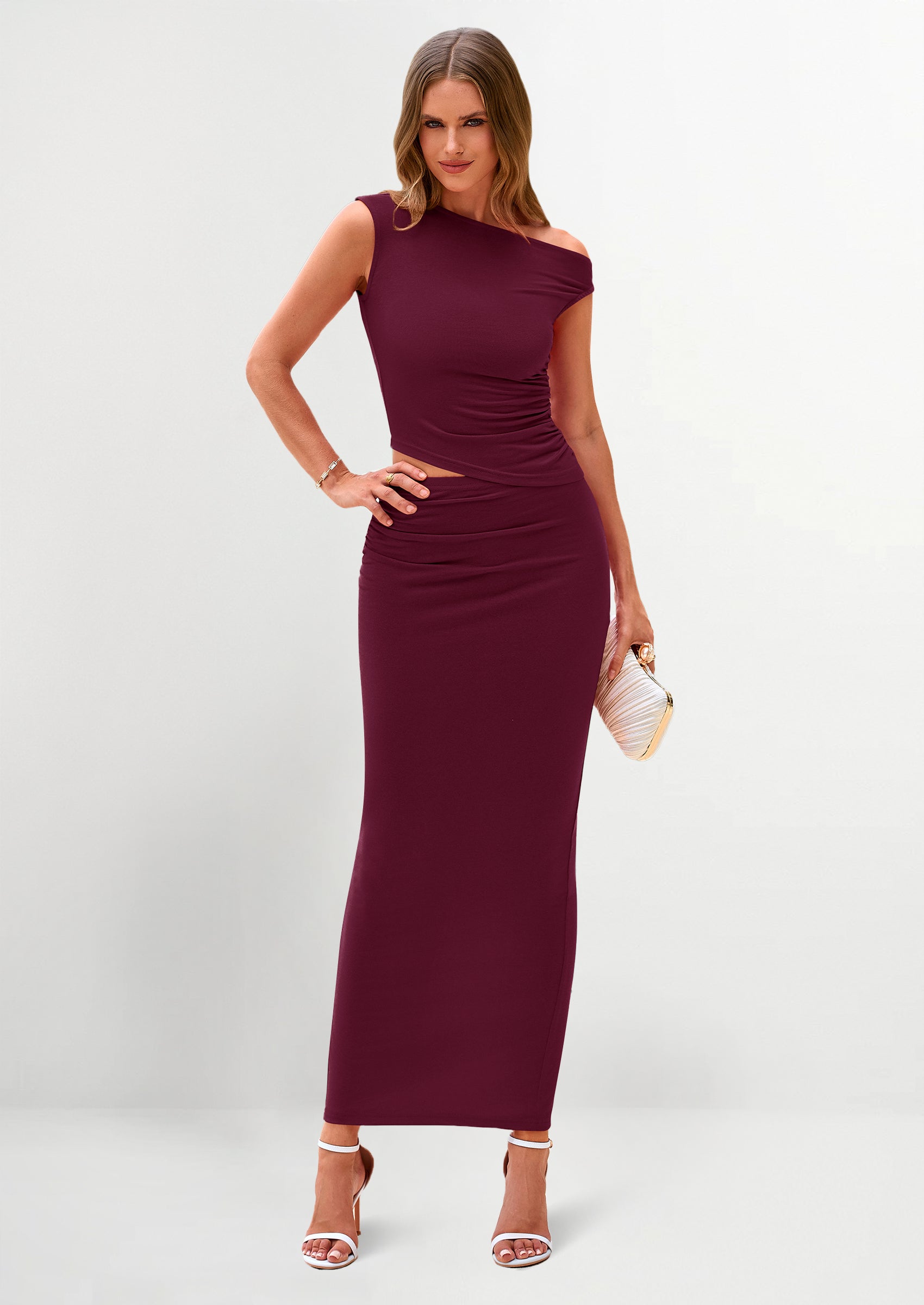 Chichi Maxi Skirt Sets Women 2 Piece Outfits Summer Spring One Shoulder Sleeveless Ruched Bodycon Long Skirts Wine Red