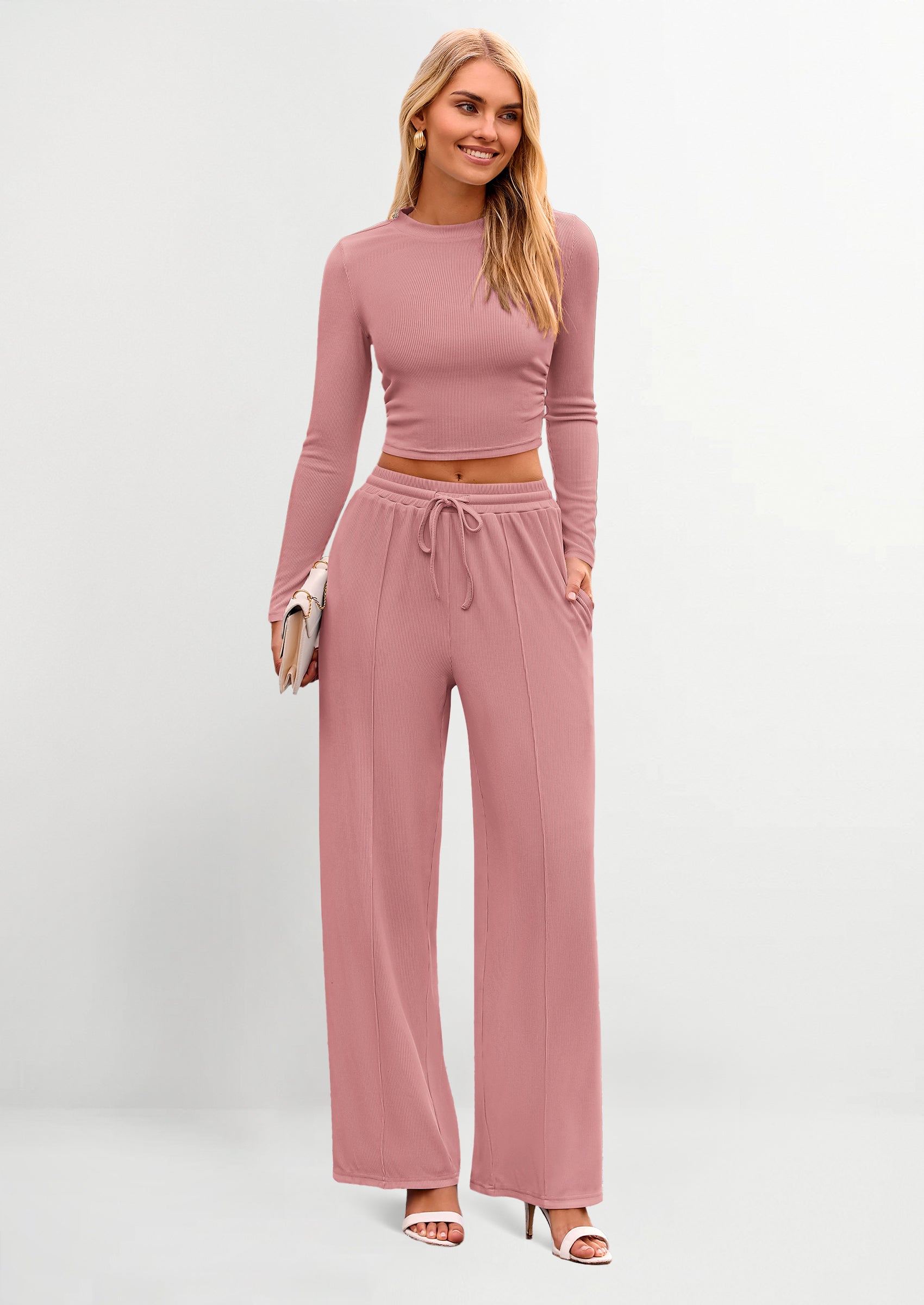 Chichi Women's 2 Piece Loungewear Long Sleeve Crop Top Wide Leg Palazzo Pants Set Tracksuits Casual Outfit Pink