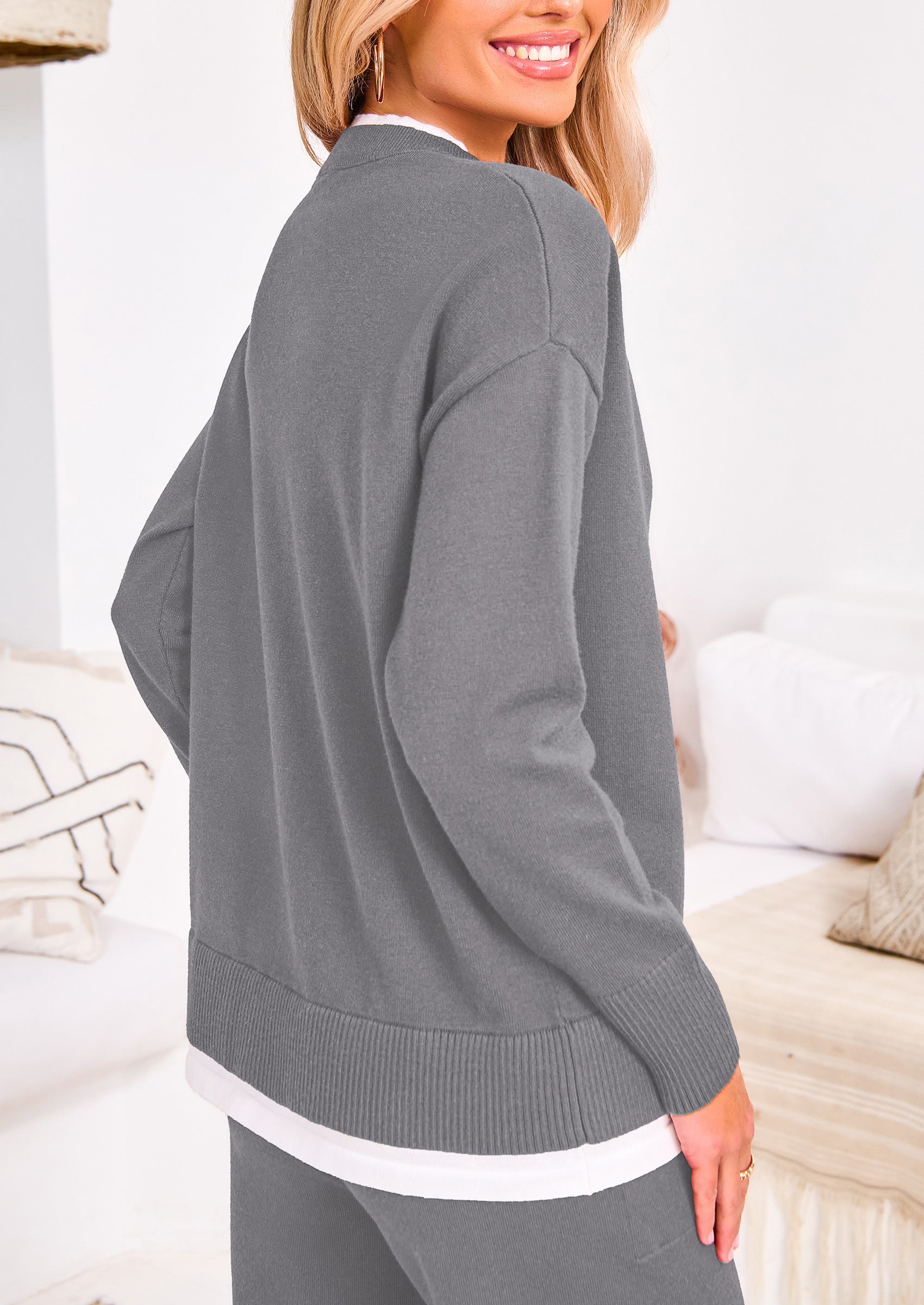 Chichi Two Piece Matching Sweater Lounge Sets Knit Long Sleeve Pullover Tops Wide Leg Pants Grey