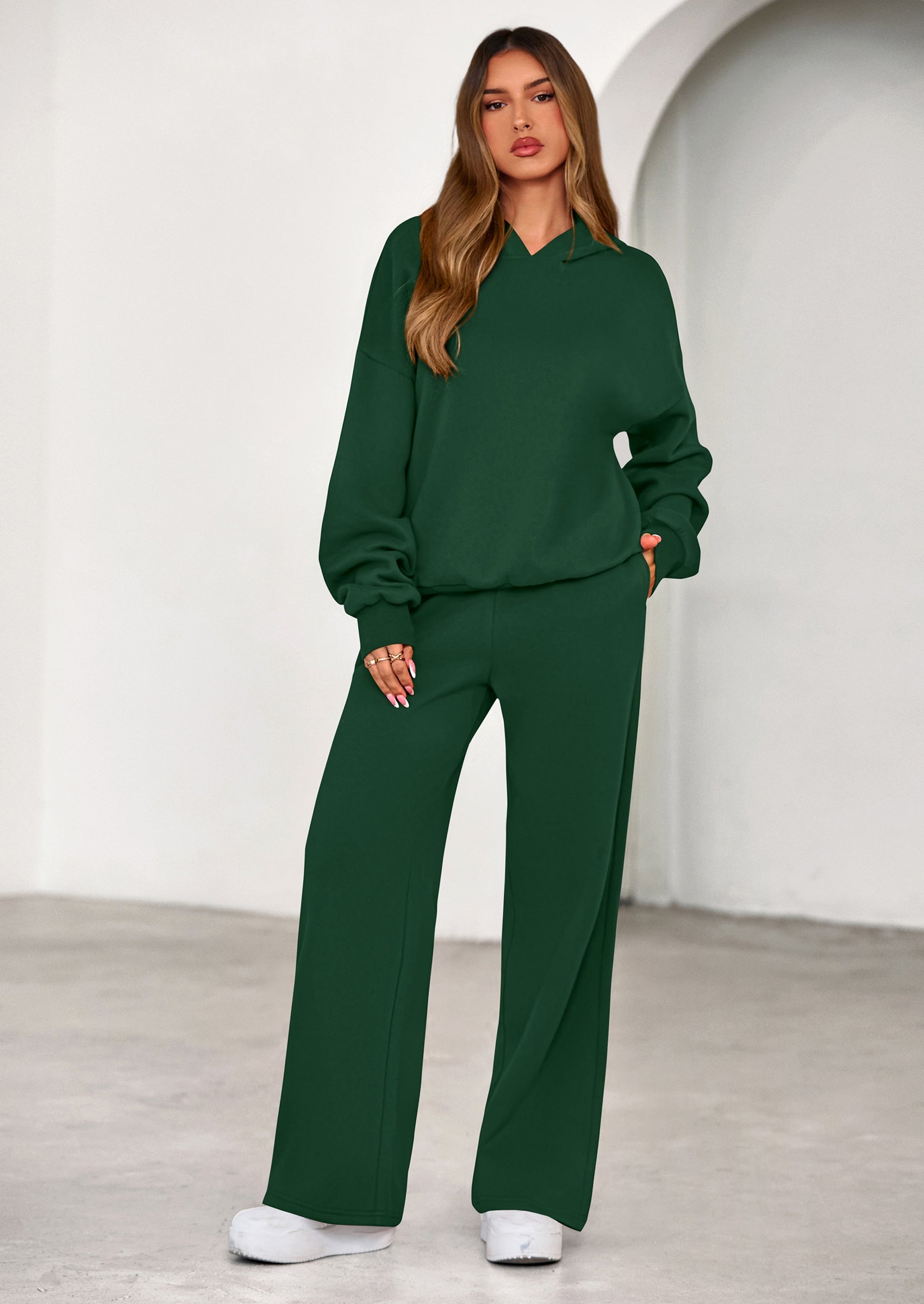 Chichi Womens Sweatsuits 2 Piece Set Casual Winter Long Sleeve Hoodie Loose Wide Leg Sweatpants Fall Tracksuit Dark Green