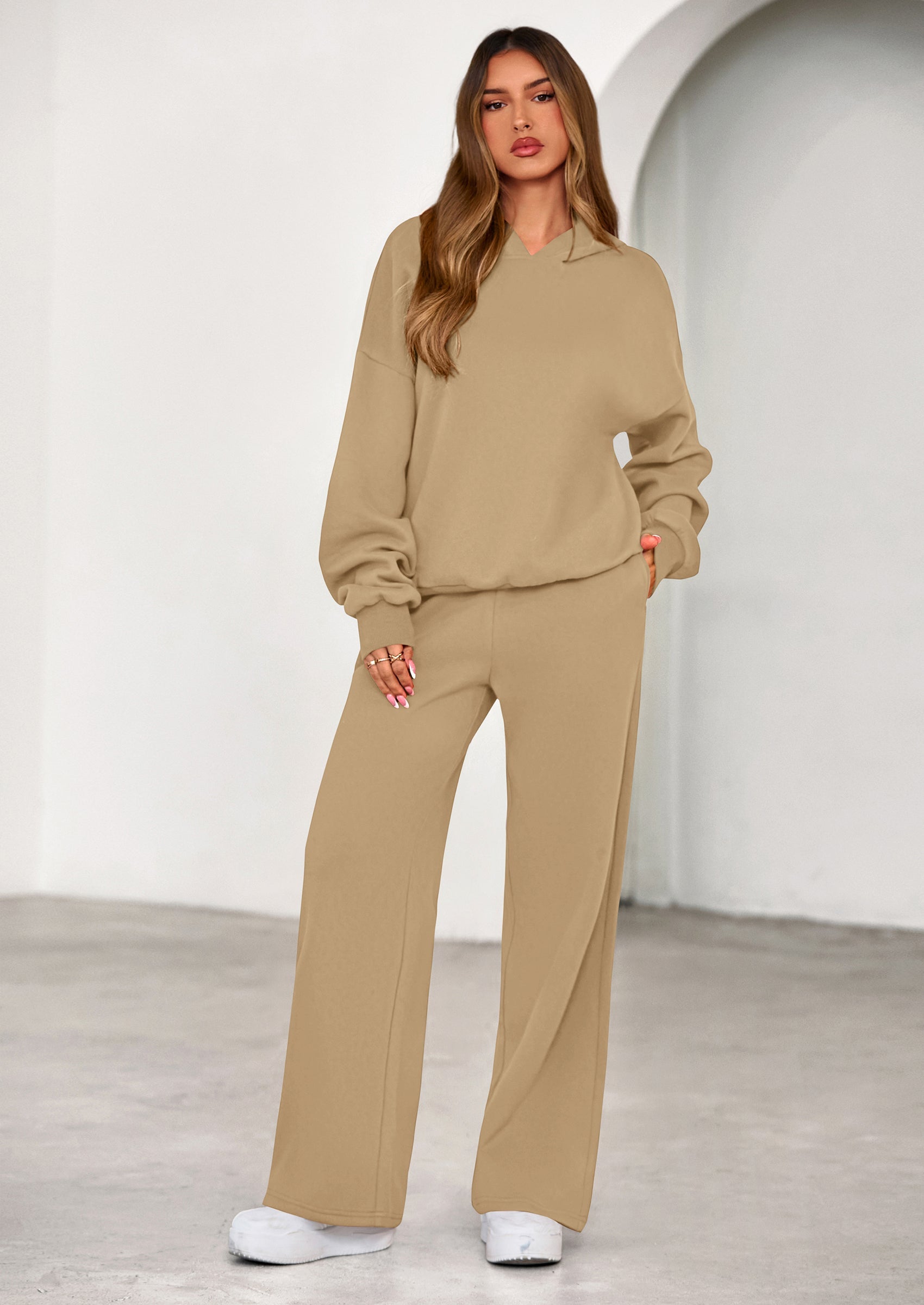 Chichi Womens Sweatsuits 2 Piece Set Casual Winter Long Sleeve Hoodie Loose Wide Leg Sweatpants Fall Tracksuit Khaki