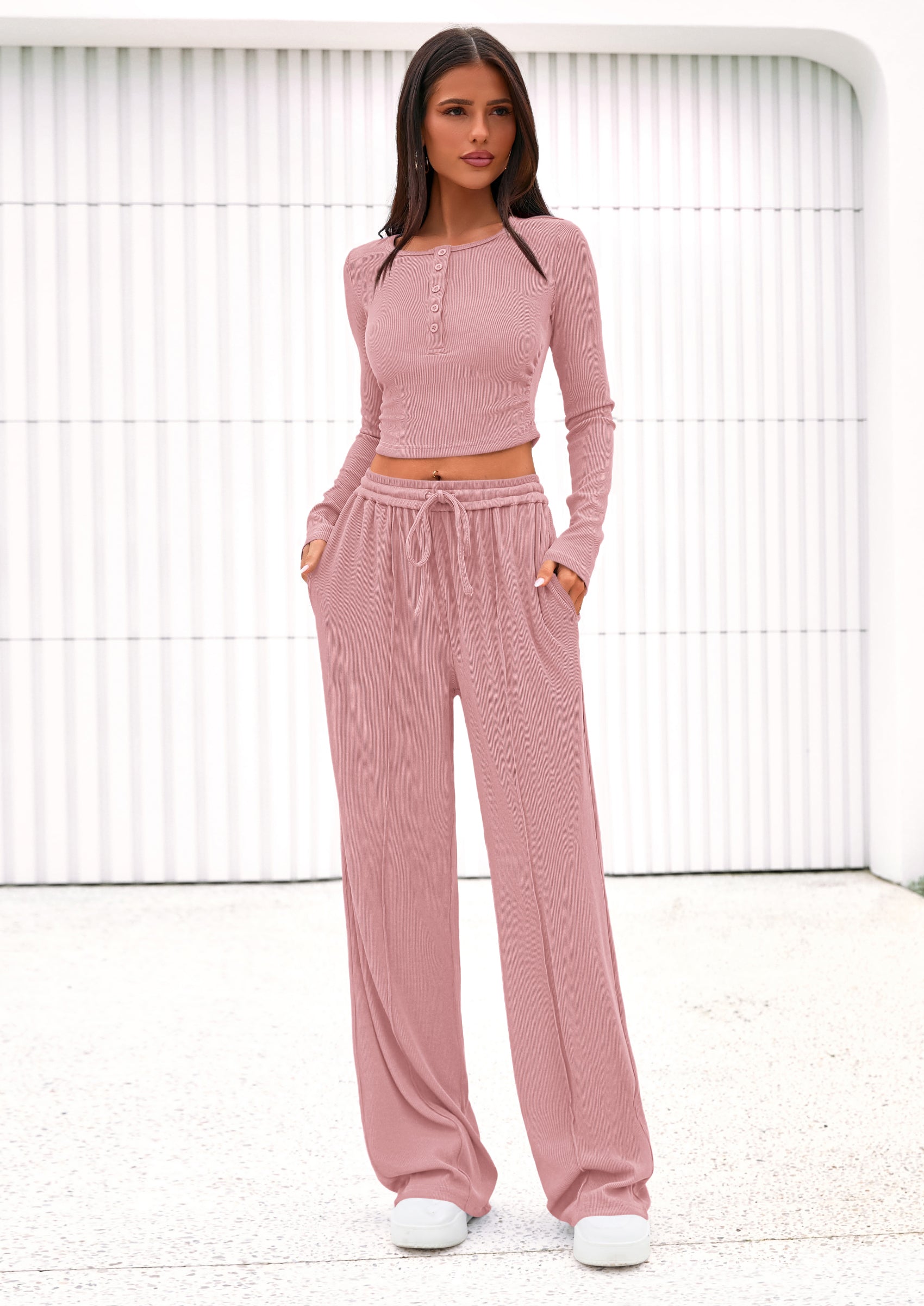 Chichi Women's Fall Trendy 2 Piece Outfits Lounge Sets Long Sleeve Top Henley Shirts Wide Leg Pants Travel Clothes Pink