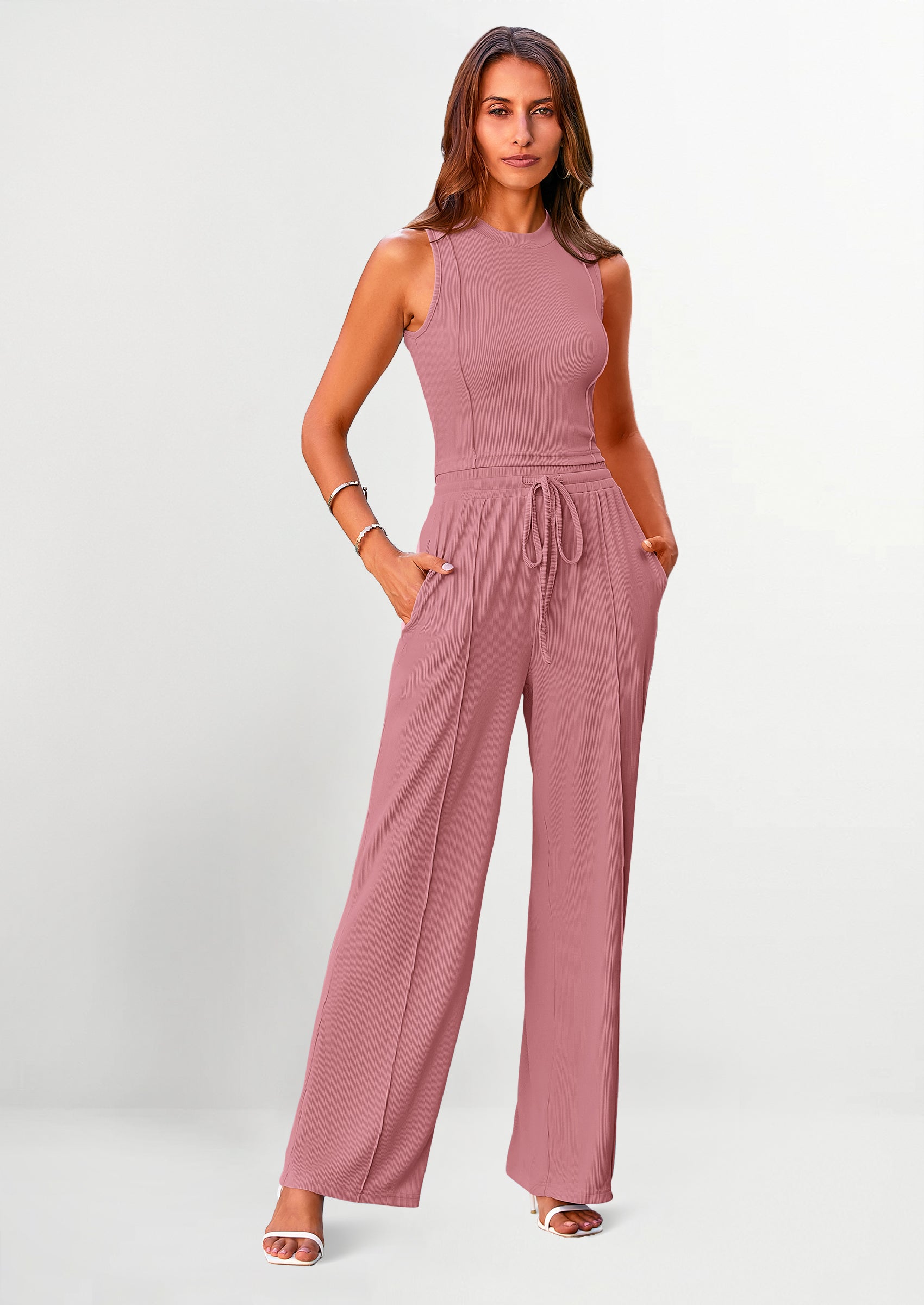 Chichi Women's Summer 2 Piece Loungewear Set Cropped Tank Top Wide Leg Sweatpants Tracksuit Casual Outfits Pink