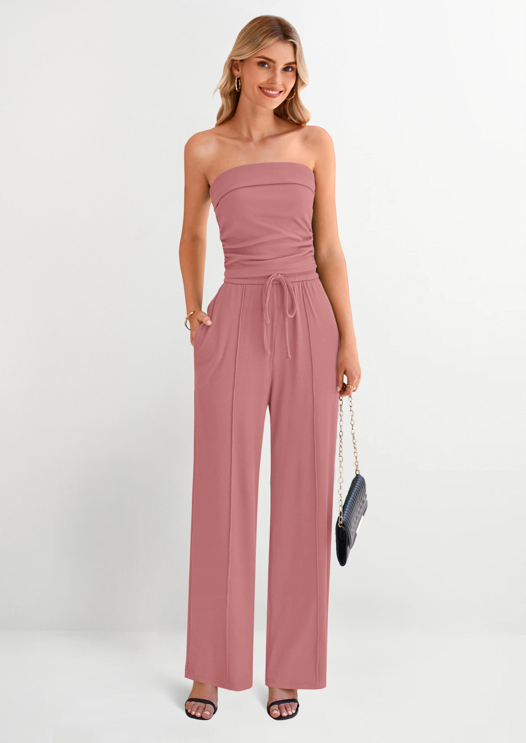 Chichi 2 Piece Sets Casual Ribbed Knit Crop Tube Top Wide Leg Pants Lounge Set Dusty Pink
