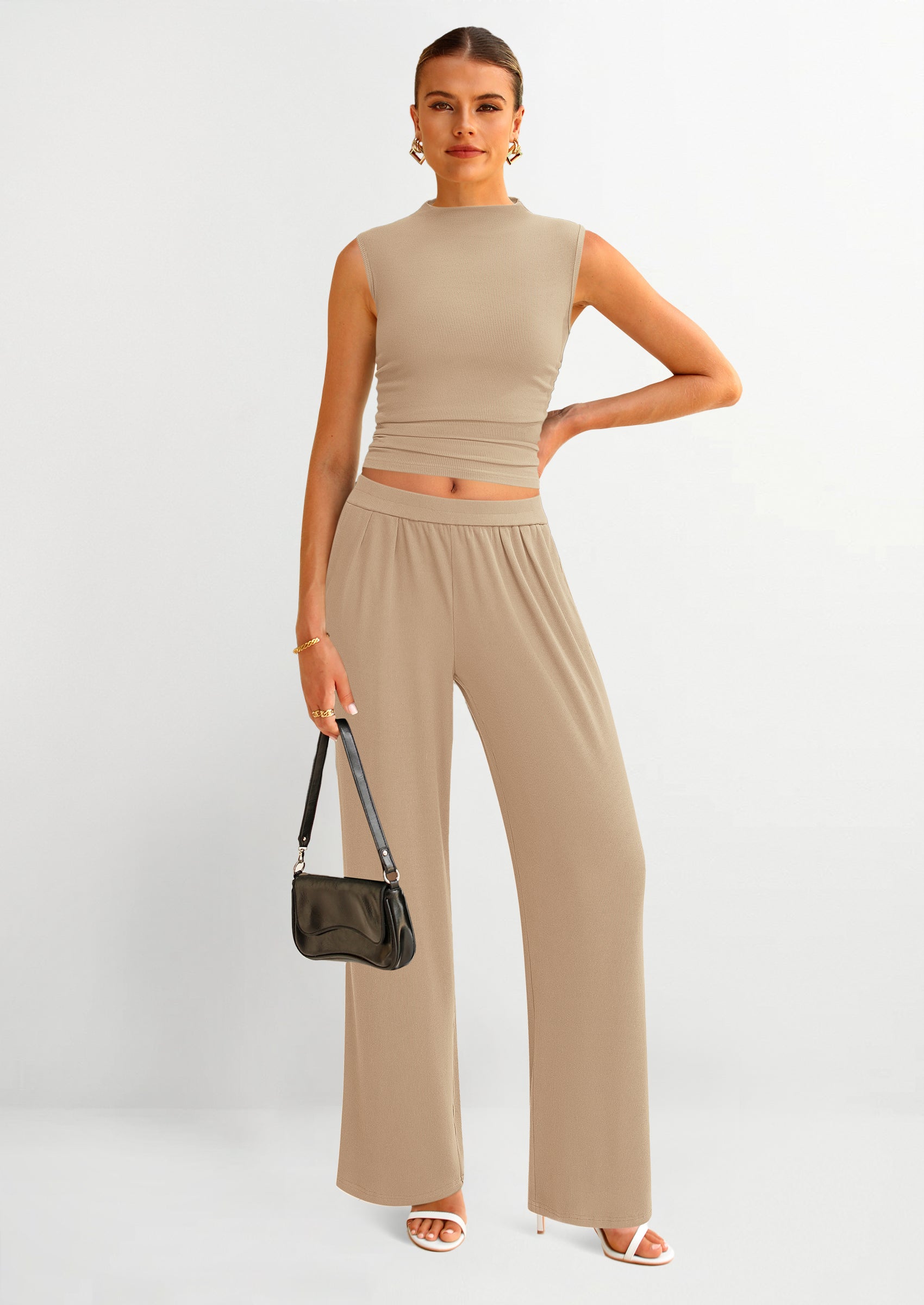Chichi 2 Piece Sets for Women Summer Airport Travel Outfits Crop Tank Tops Wide Leg Pants Matching Lounge Sets Khaki