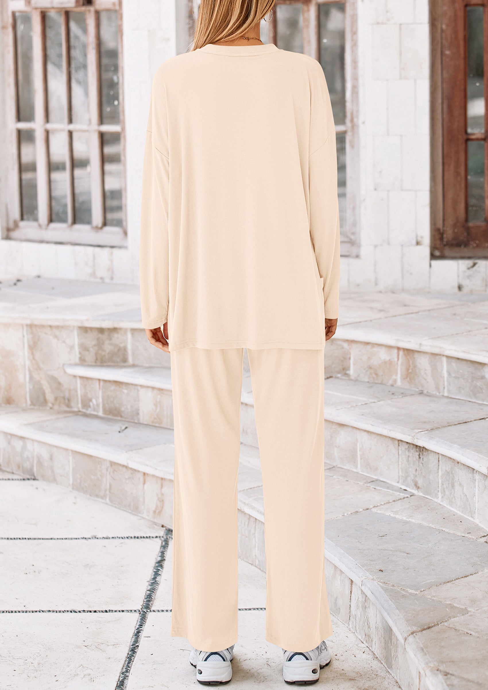 Chichi Women's Two Piece Lounge Sets Matching Long Sleeve Shirts Wide Leg Pants Tracksuits Travel Outfits Fall Clothes Beige