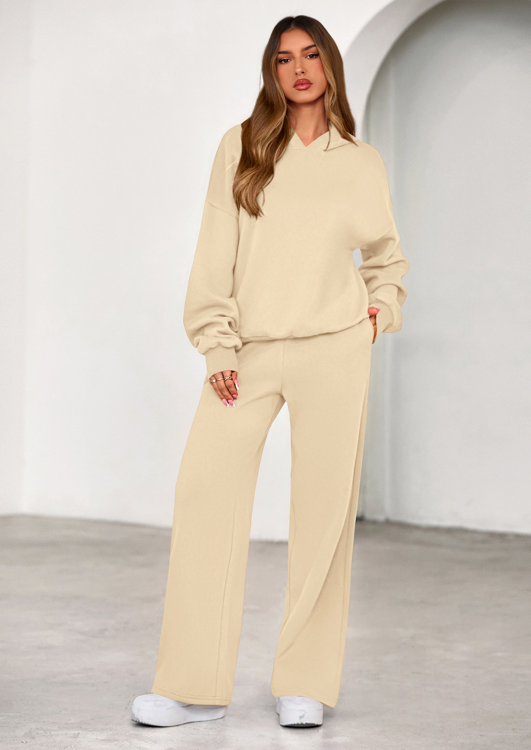 Chichi Womens Sweatsuits 2 Piece Set Casual Winter Long Sleeve Hoodie Loose Wide Leg Sweatpants Fall Tracksuit Beige