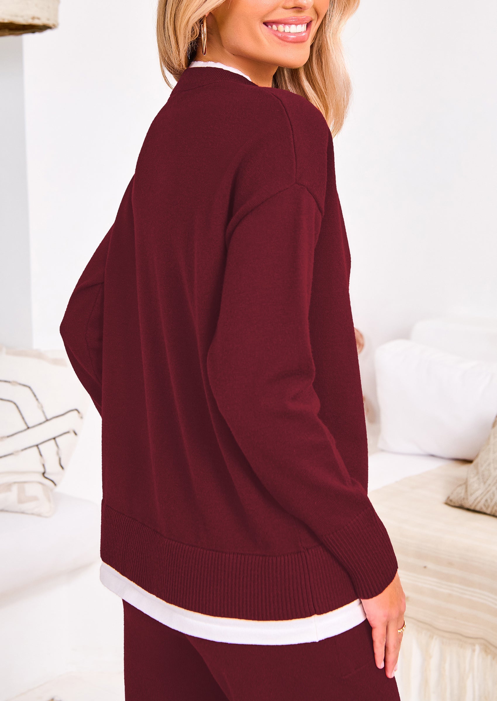 Chichi Two Piece Matching Sweater Lounge Sets Knit Long Sleeve Pullover Tops Wide Leg Pants Wine Red
