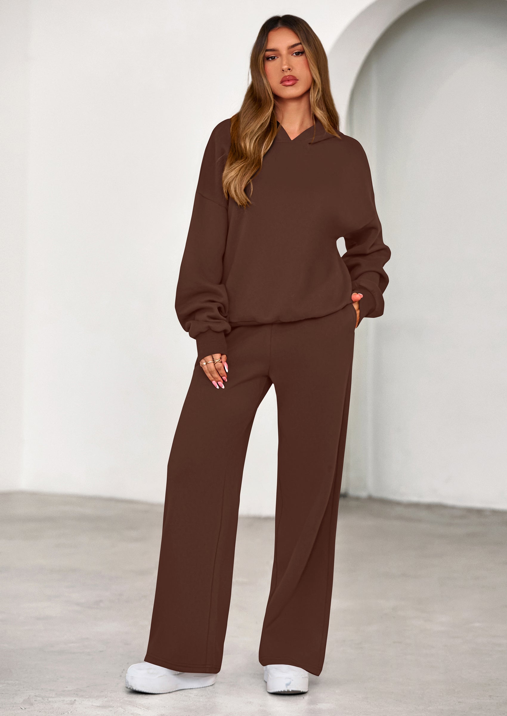Chichi Womens Sweatsuits 2 Piece Set Casual Winter Long Sleeve Hoodie Loose Wide Leg Sweatpants Fall Tracksuit Brown