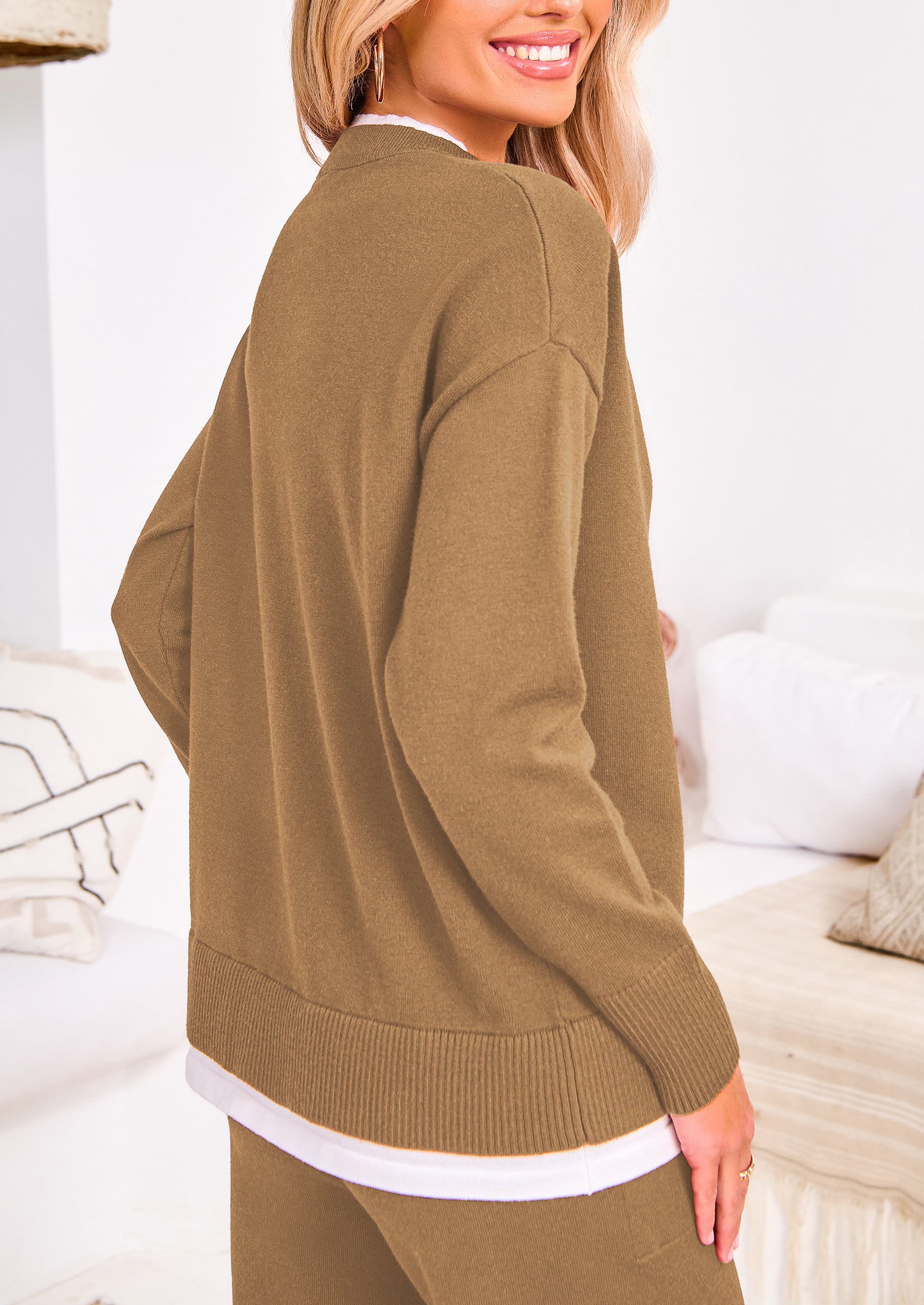 Chichi Two Piece Matching Sweater Lounge Sets Knit Long Sleeve Pullover Tops Wide Leg Pants Beige