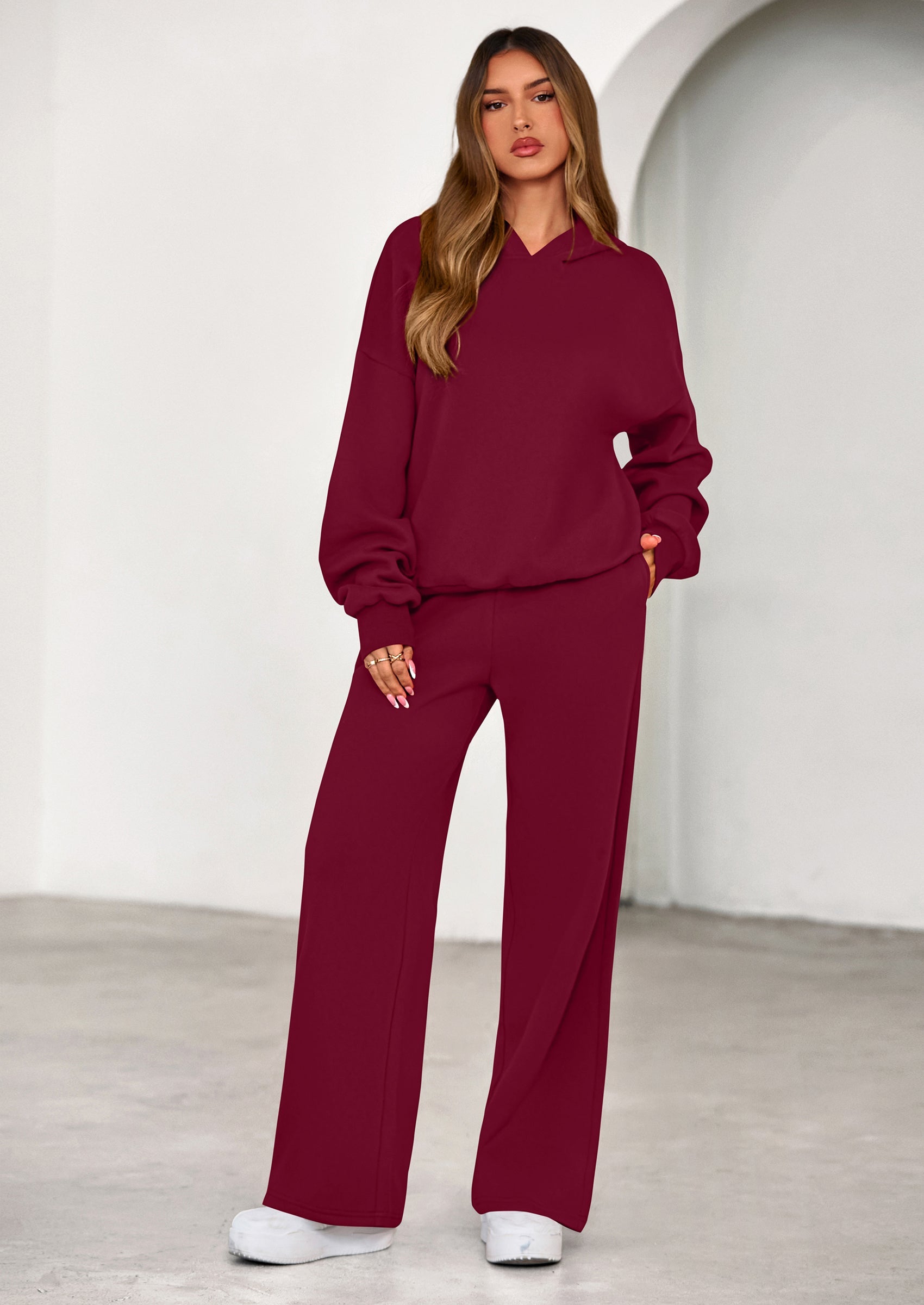 Chichi Womens Sweatsuits 2 Piece Set Casual Winter Long Sleeve Hoodie Loose Wide Leg Sweatpants Fall Tracksuit Wine Red
