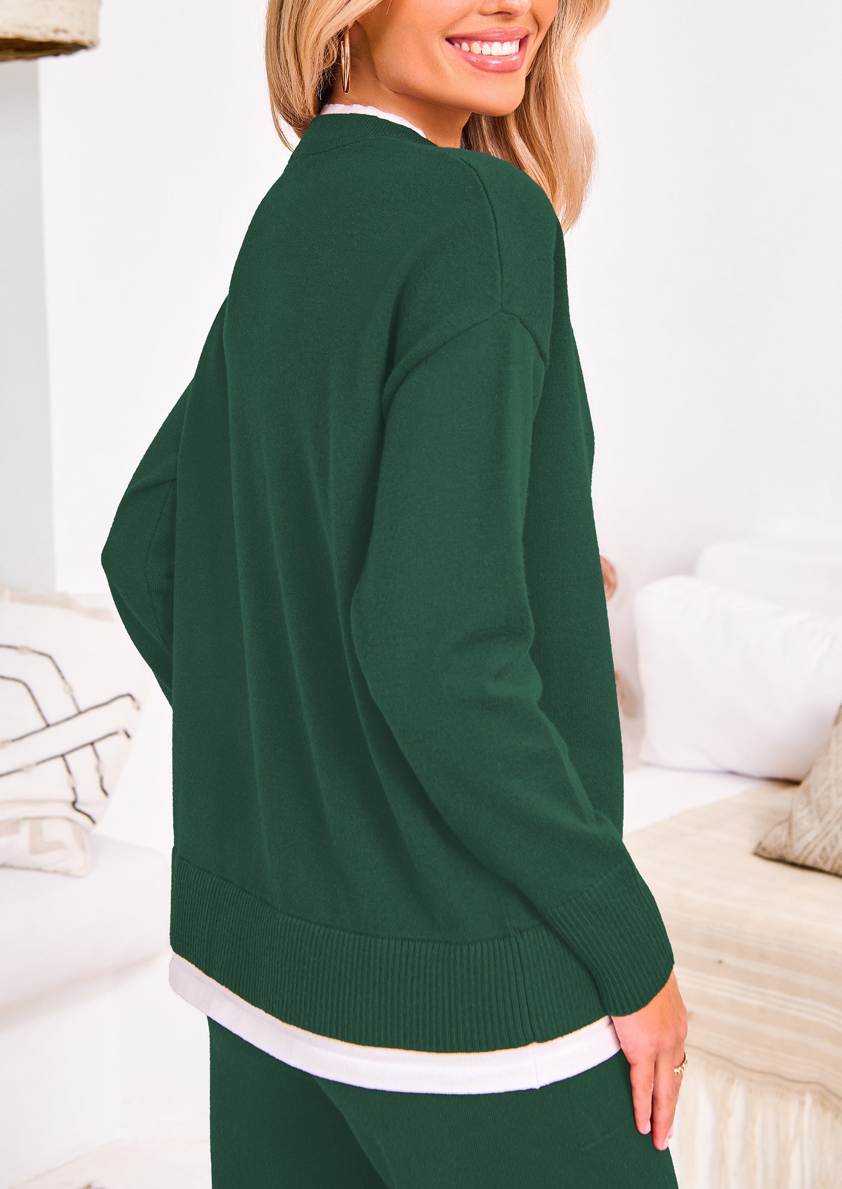 Chichi Two Piece Matching Sweater Lounge Sets Knit Long Sleeve Pullover Tops Wide Leg Pants Dark Green