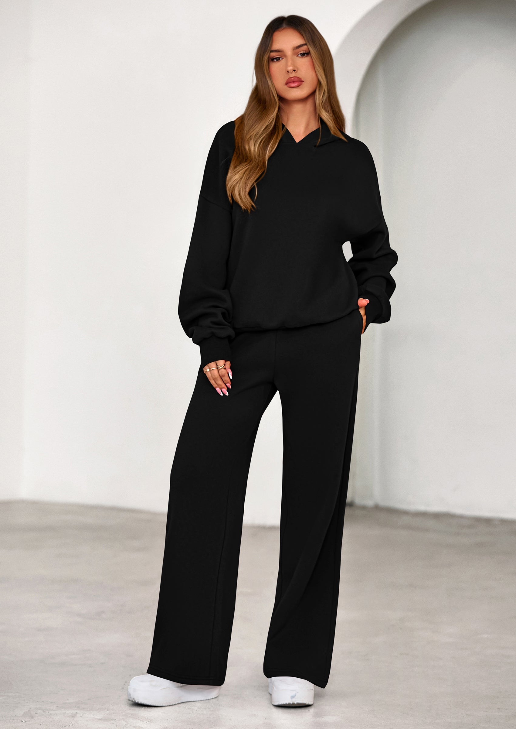 Chichi Womens Sweatsuits 2 Piece Set Casual Winter Long Sleeve Hoodie Loose Wide Leg Sweatpants Fall Tracksuit Black