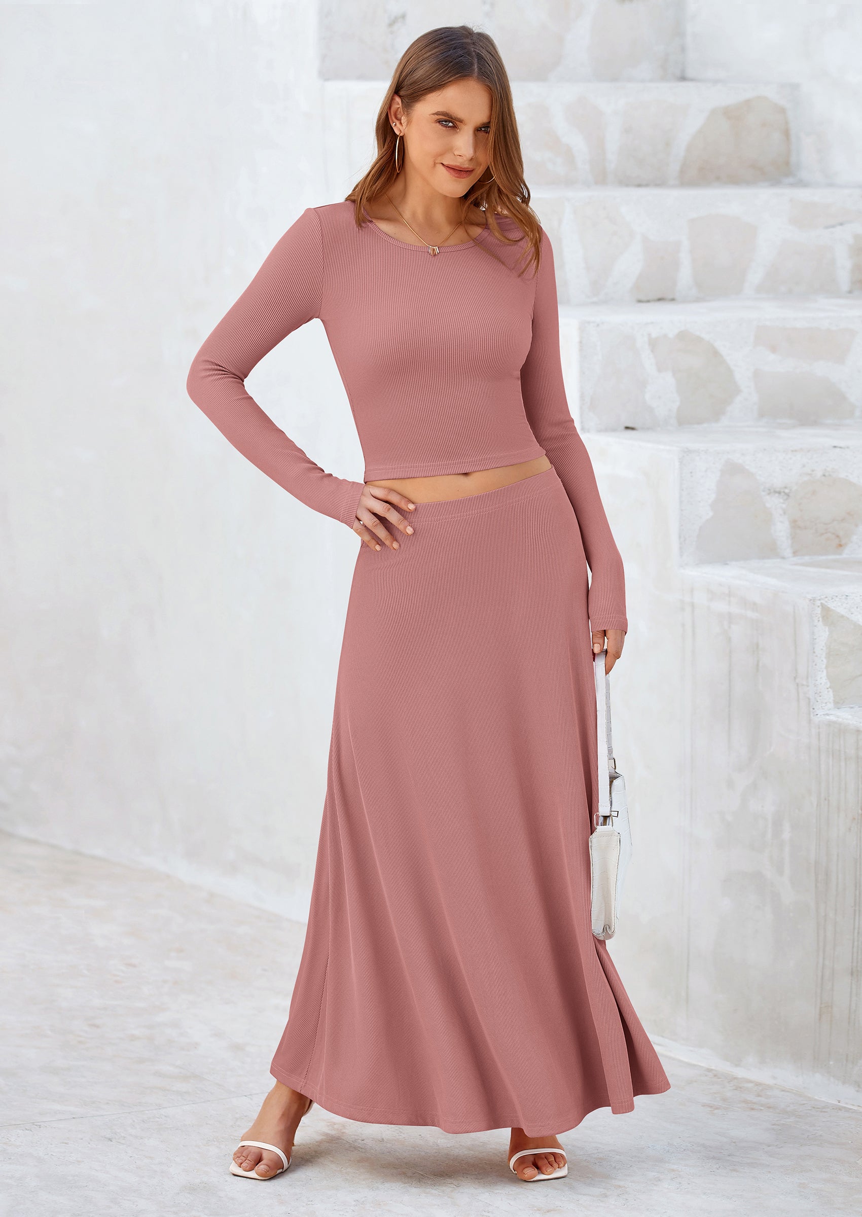 Chichi 2 Piece Casual Ribbed Knit Long Sleeve Crop Tops Maxi Flowy Skirts Matching Sets Dusty Pink