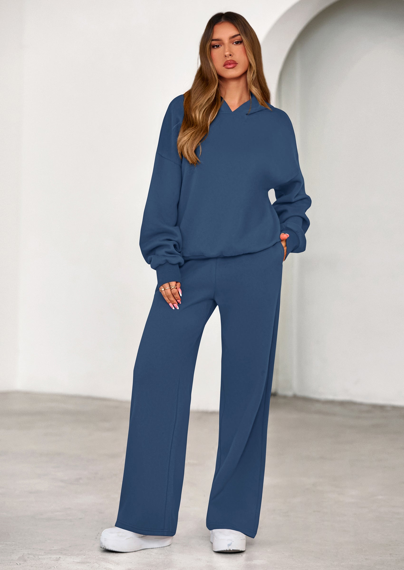 Chichi Womens Sweatsuits 2 Piece Set Casual Winter Long Sleeve Hoodie Loose Wide Leg Sweatpants Fall Tracksuit Grey Blue
