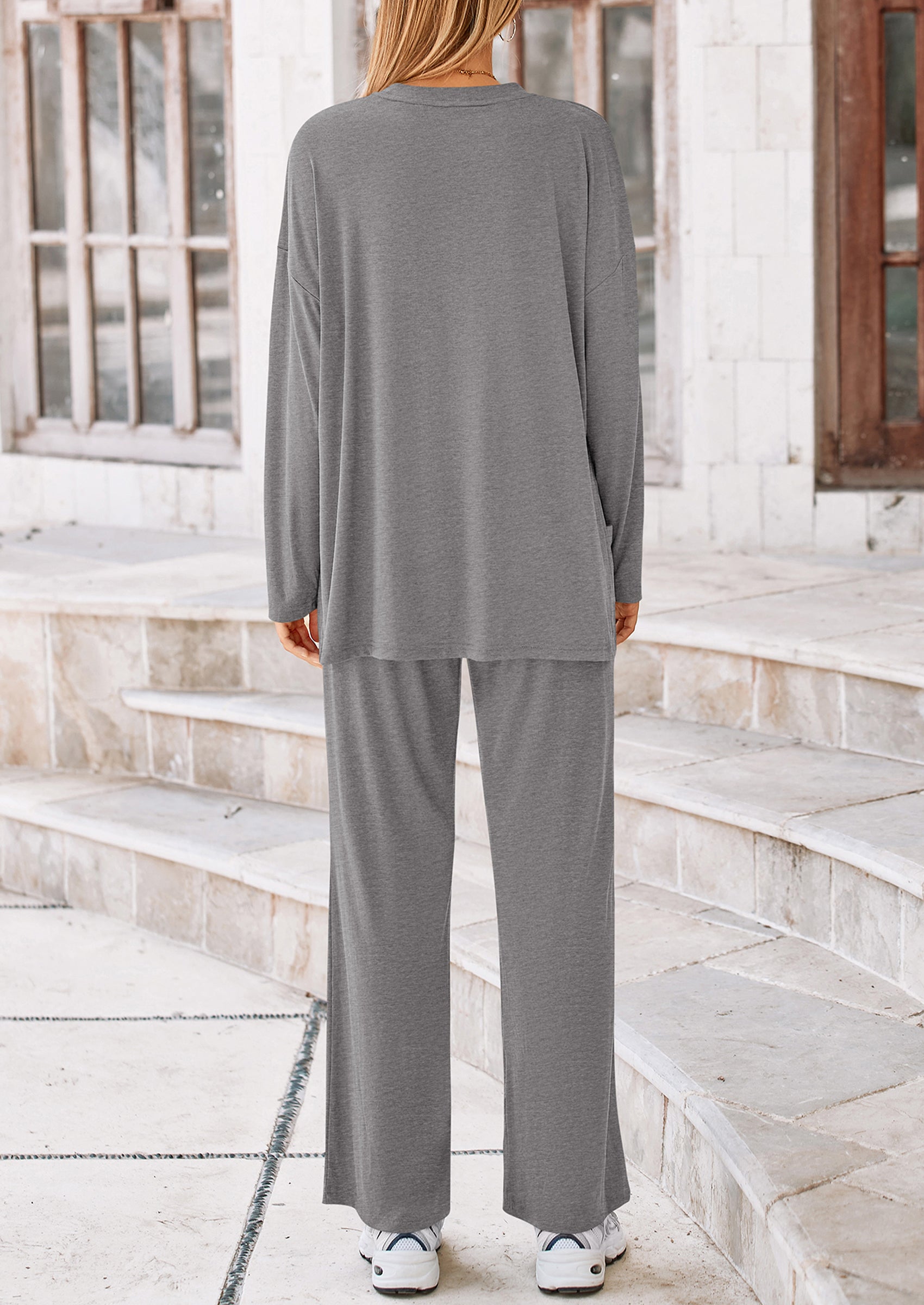 Chichi Women's Two Piece Lounge Sets Matching Long Sleeve Shirts Wide Leg Pants Tracksuits Travel Outfits Fall Clothes Light Coffee