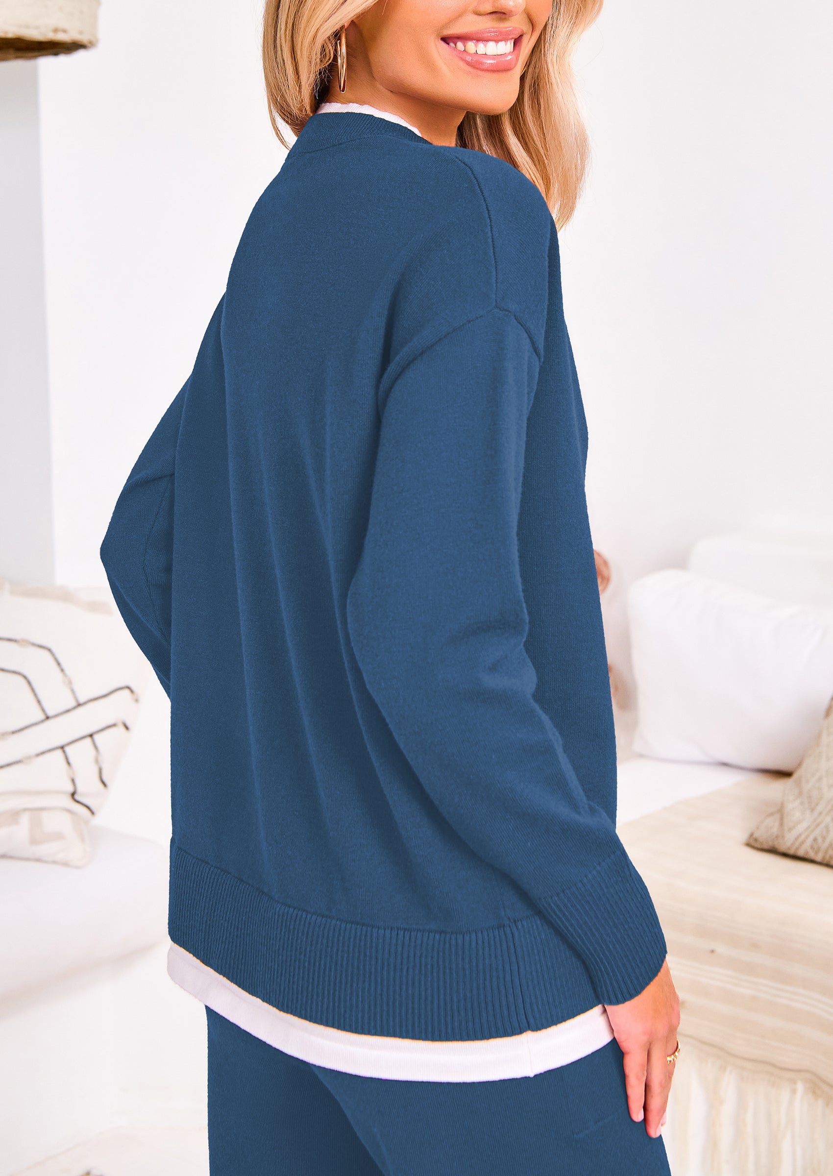 Chichi Two Piece Matching Sweater Lounge Sets Knit Long Sleeve Pullover Tops Wide Leg Pants Wine Red