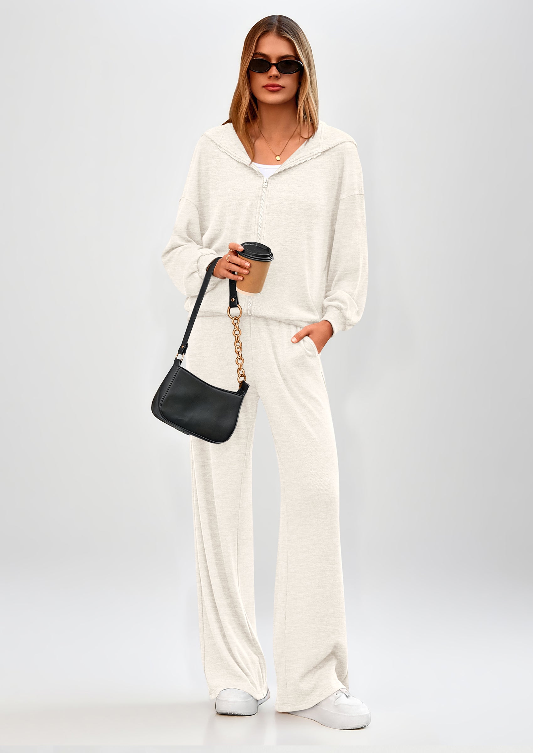 Chichi Women's 2 Piece Fall Lounge Sets Zip Up Hoodie Wide Leg Pants Tracksuit Matching Travel Outfits Clothes White