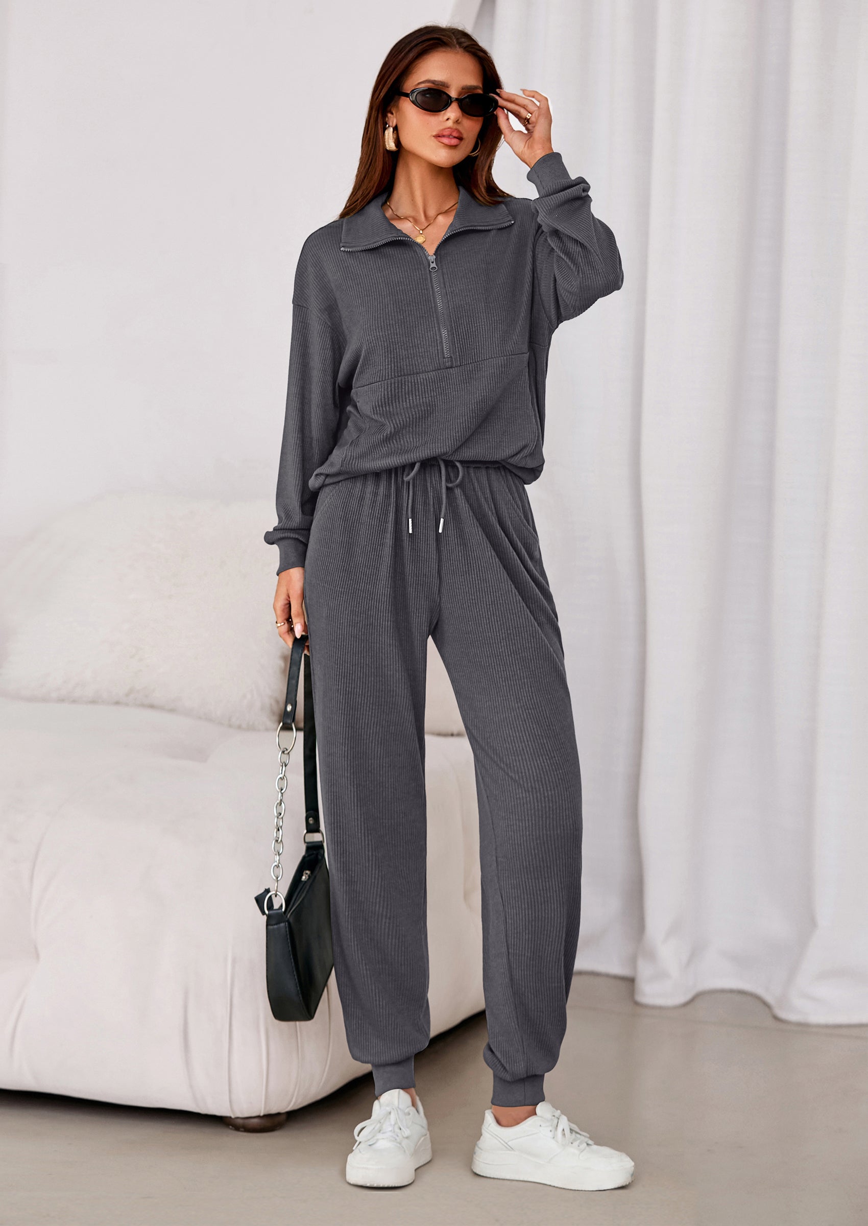 Chichi Women's Fall 2 Piece Lounge Sets Zip Up Sweatshirt Jogger Pants Sweat Track Suits Travel Outfit Winter Clothing Black
