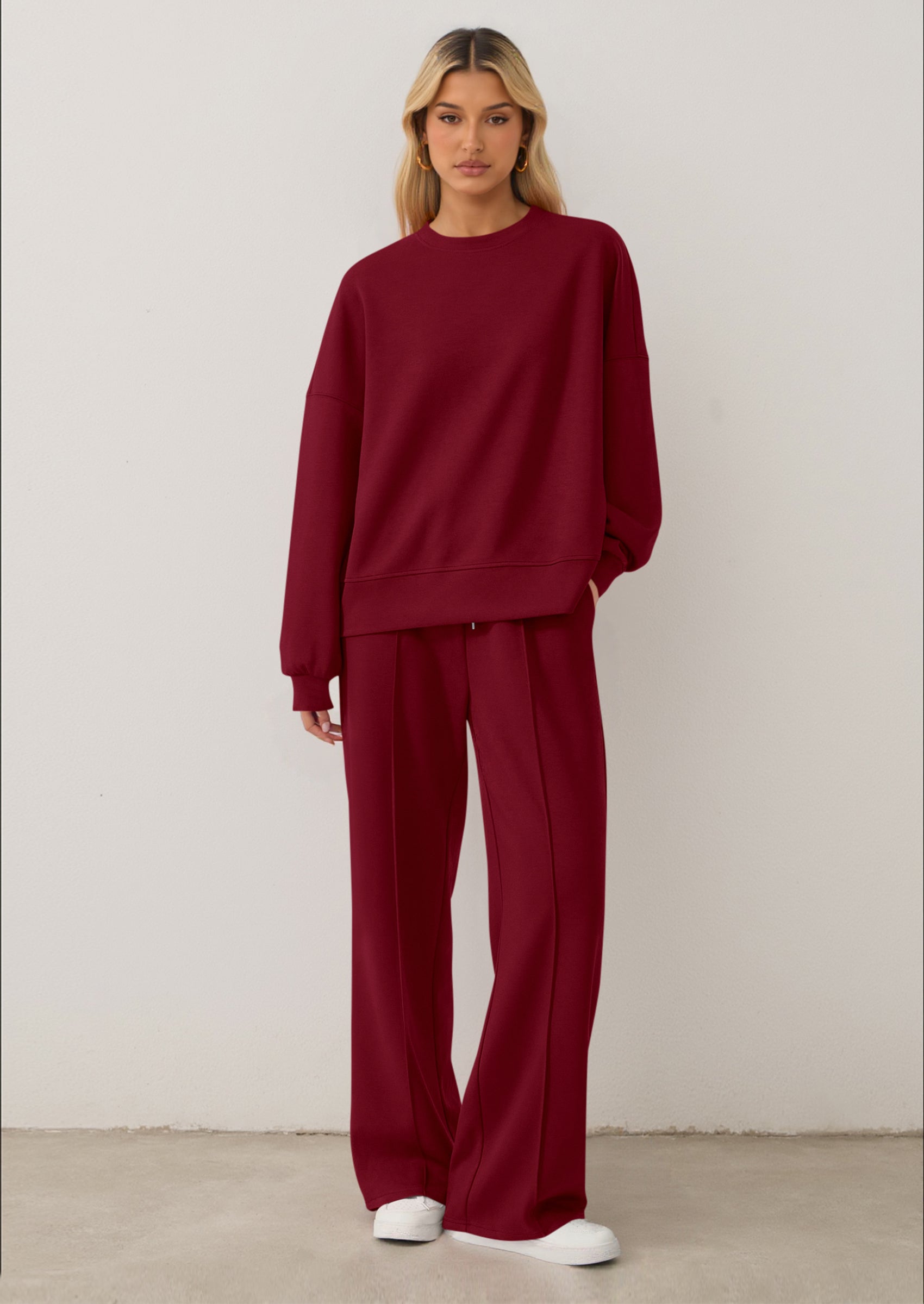Chichi 2 Piece Sets For Women Fall Trendy Long Sleeve Sweatshirt Wide Leg Pants Loungewear Set Matching Sweatsuit Wine Red