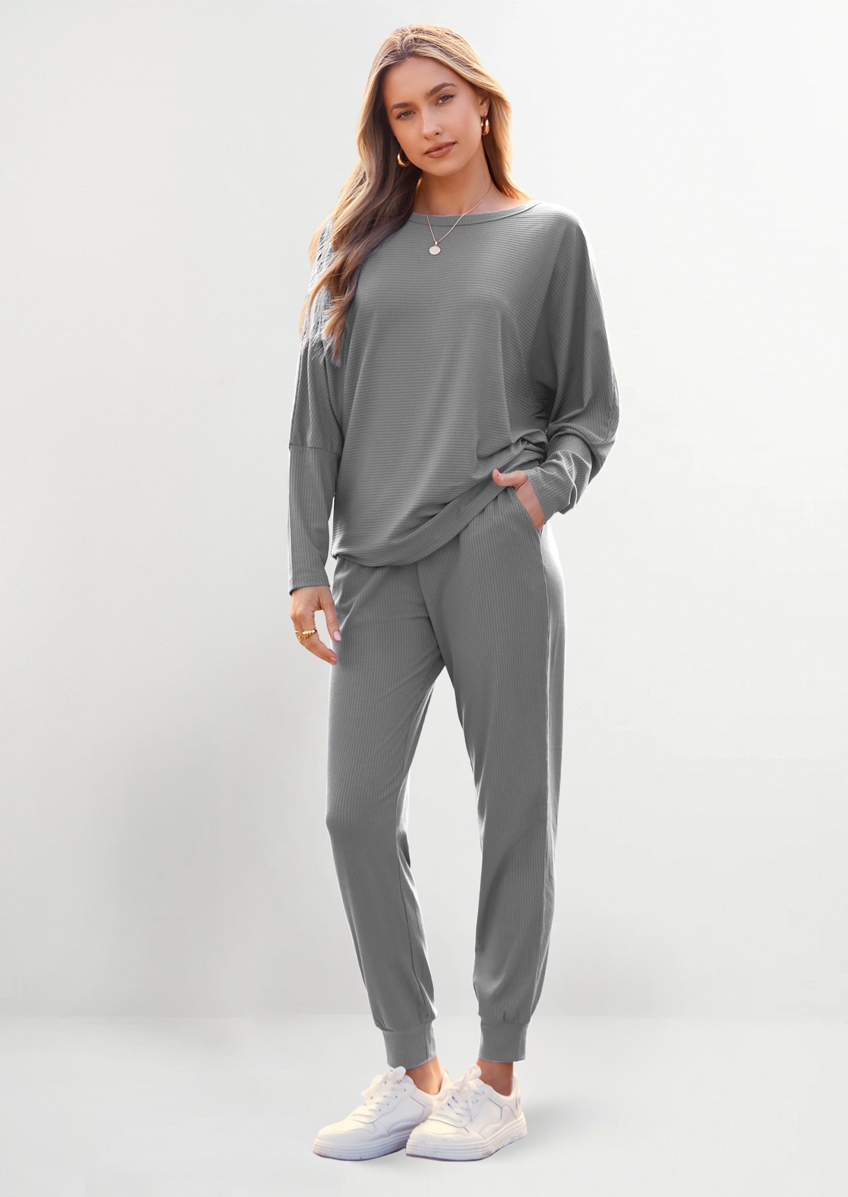 Chichi Women's Fall 2 Piece Lounge Set Long Sleeve Tops Ribbed Pants Spring Matching Sweatsuit Travel Outfits Clothes Grey
