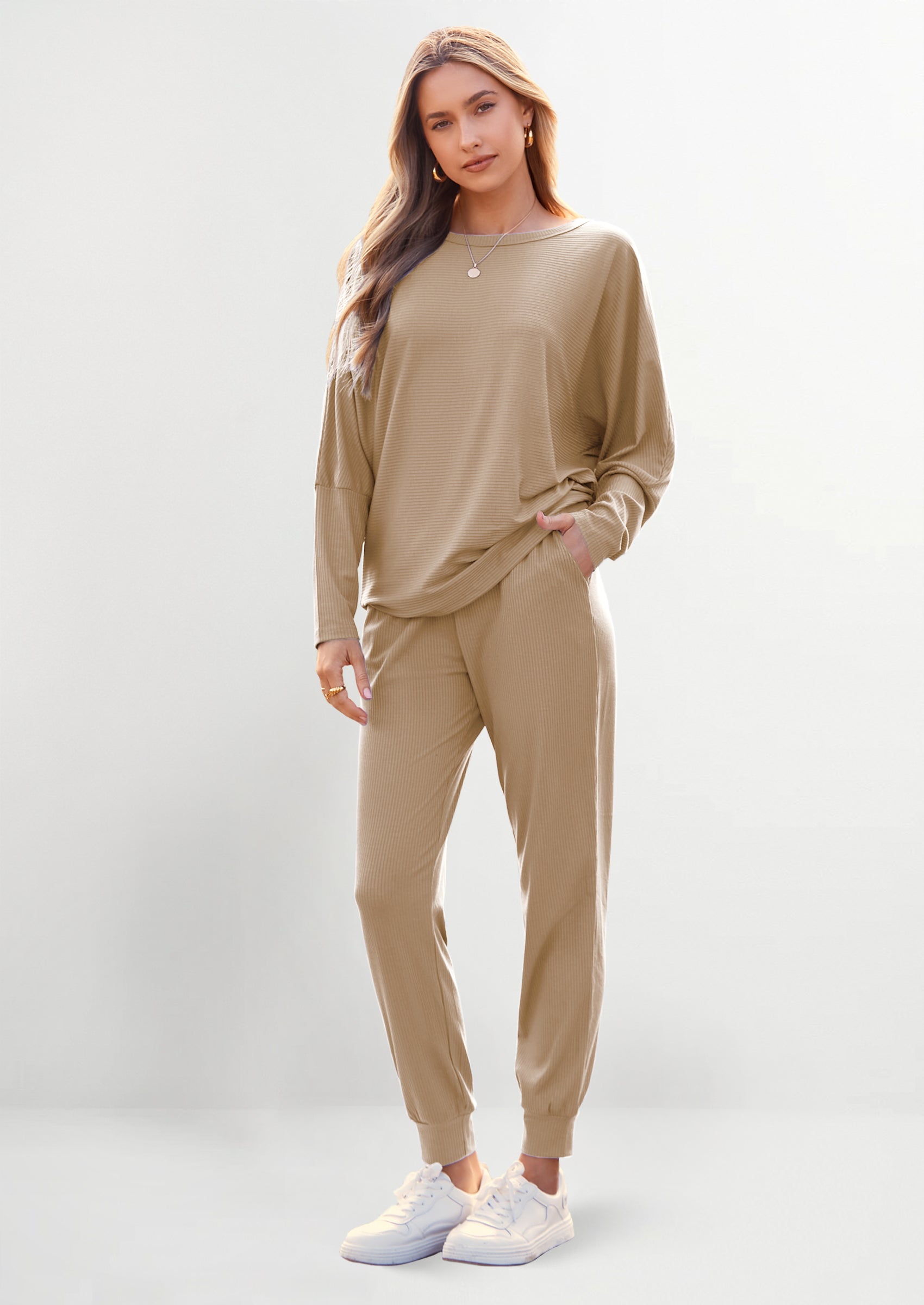 Chichi Women's Fall 2 Piece Lounge Set Long Sleeve Tops Ribbed Pants Spring Matching Sweatsuit Travel Outfits Clothes Khaki