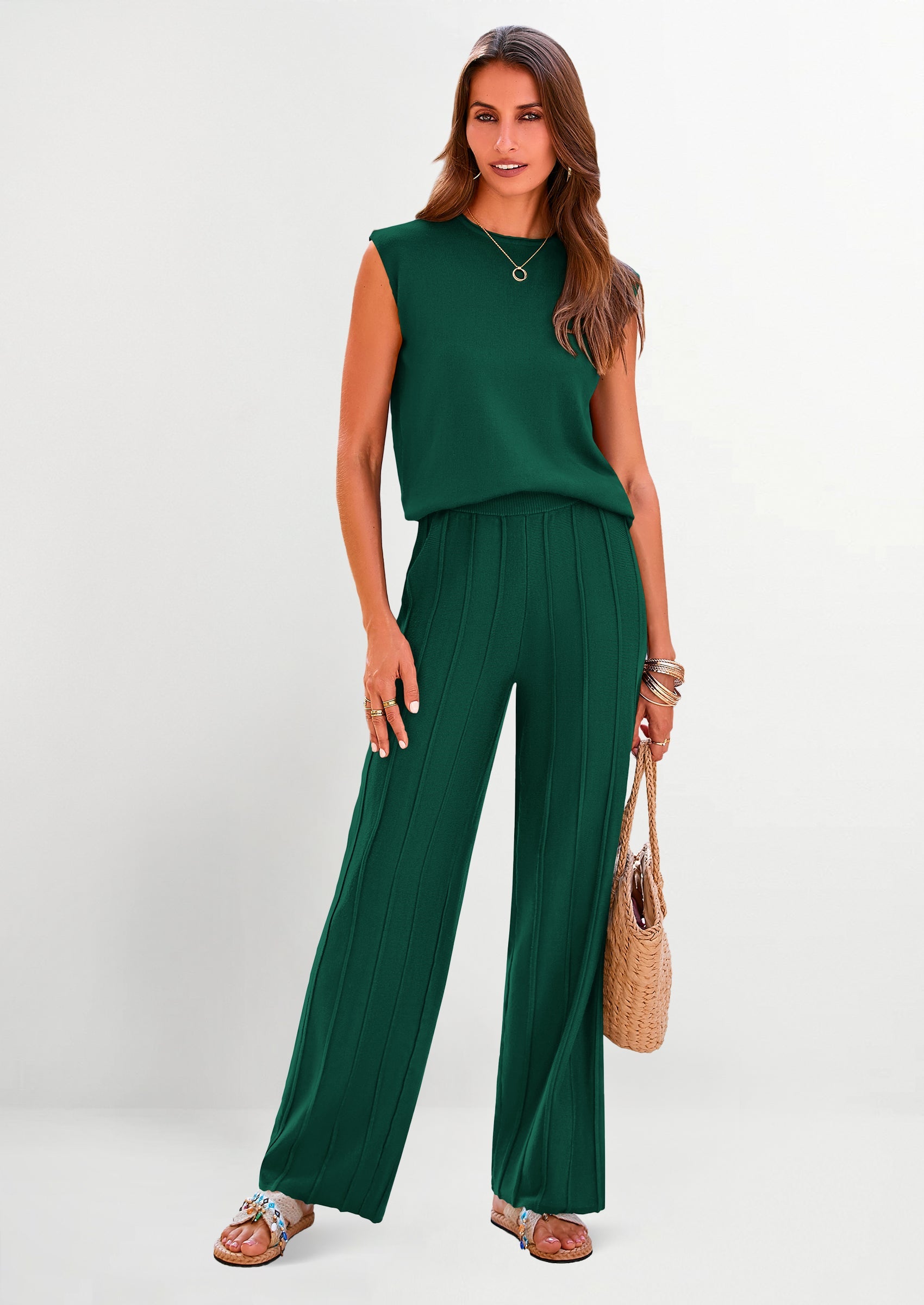 Chichi Women's 2 Piece Outfits Knit Loungewear High Low Pullover Tops and Wide Leg Pants Casual Sweater Sets Tracksuits Dark Green