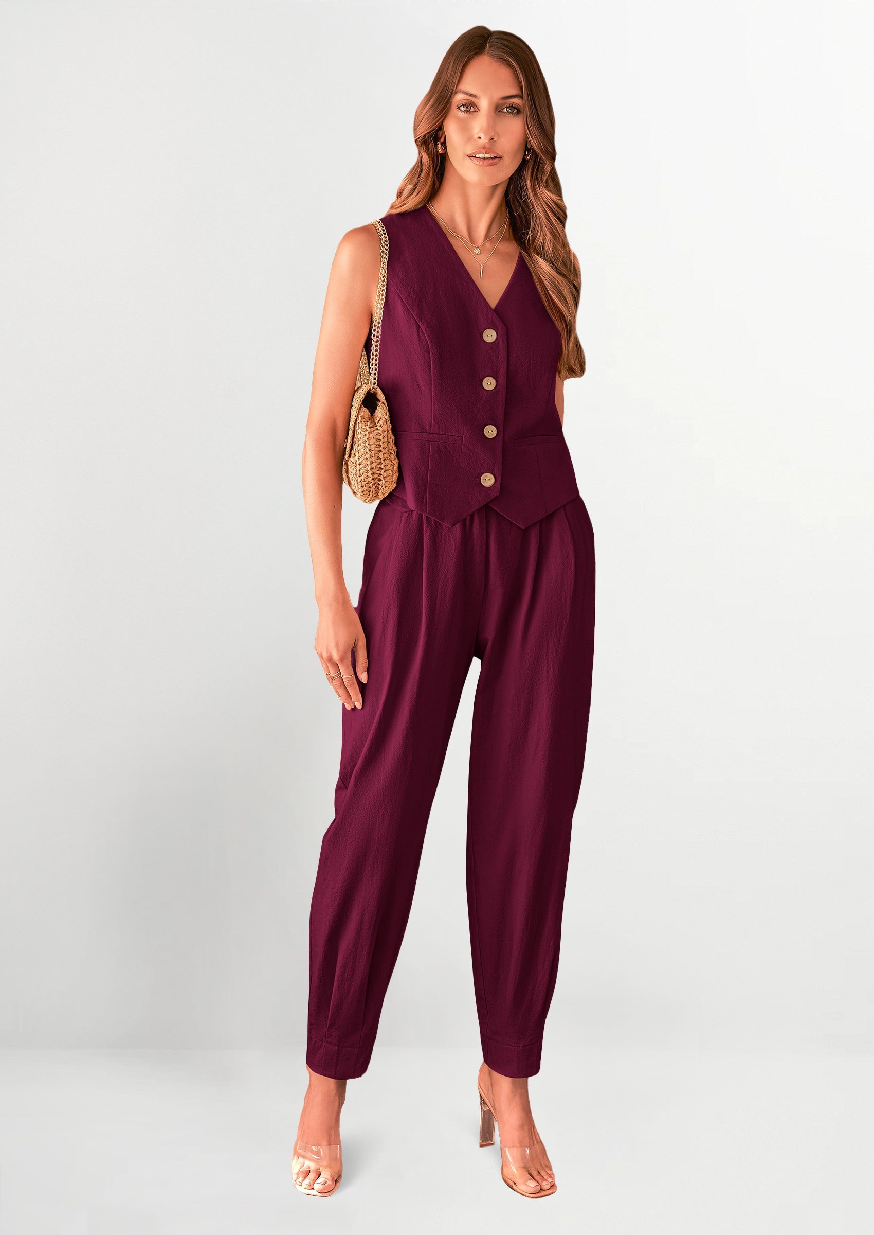 Chichi Two Piece V Neck Button Front Cropped Tank Tops Vest Pockets Pants Cotton Sets Dark Red