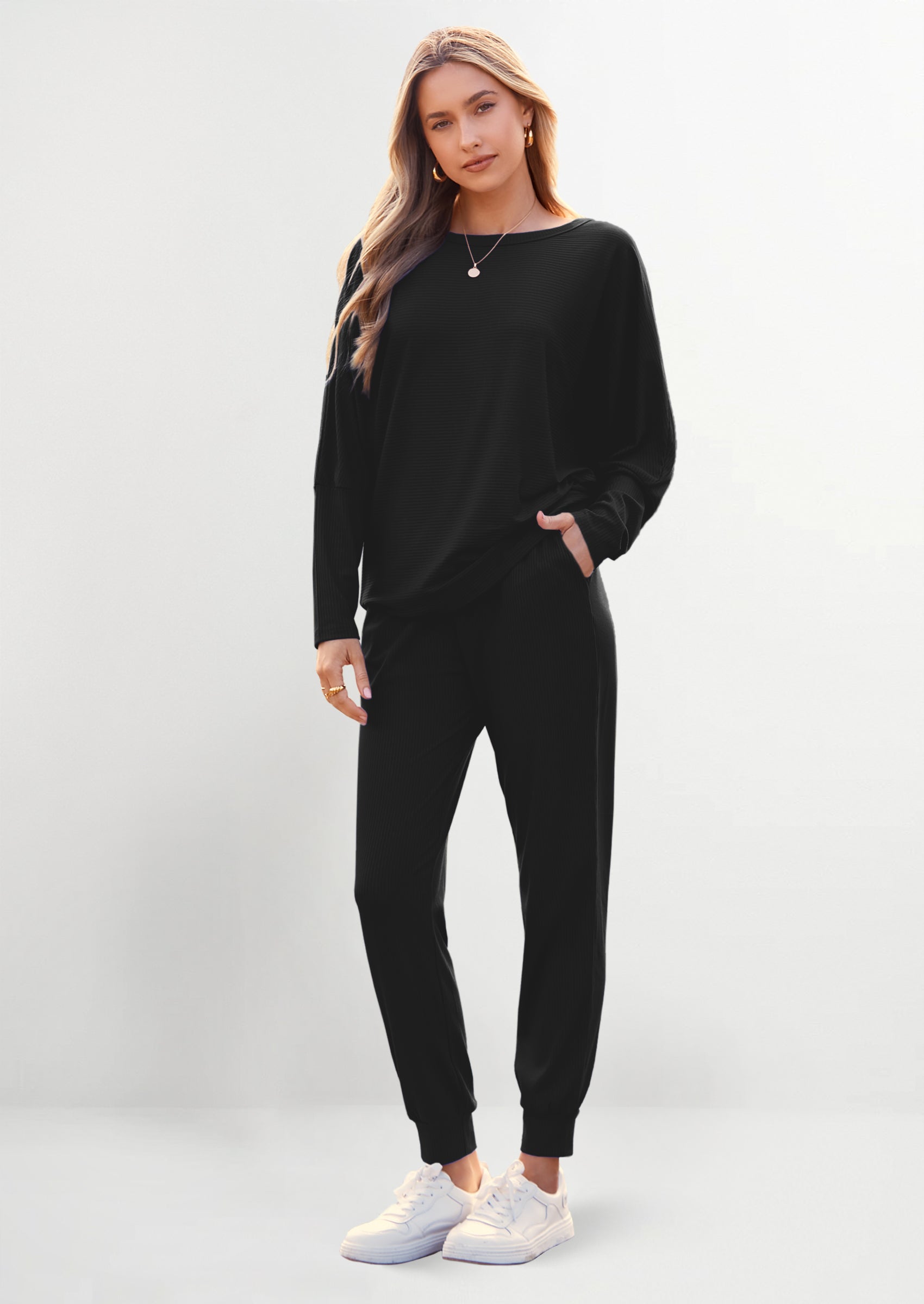 Chichi Women's Fall 2 Piece Lounge Set Long Sleeve Tops Ribbed Pants Spring Matching Sweatsuit Travel Outfits Clothes Black