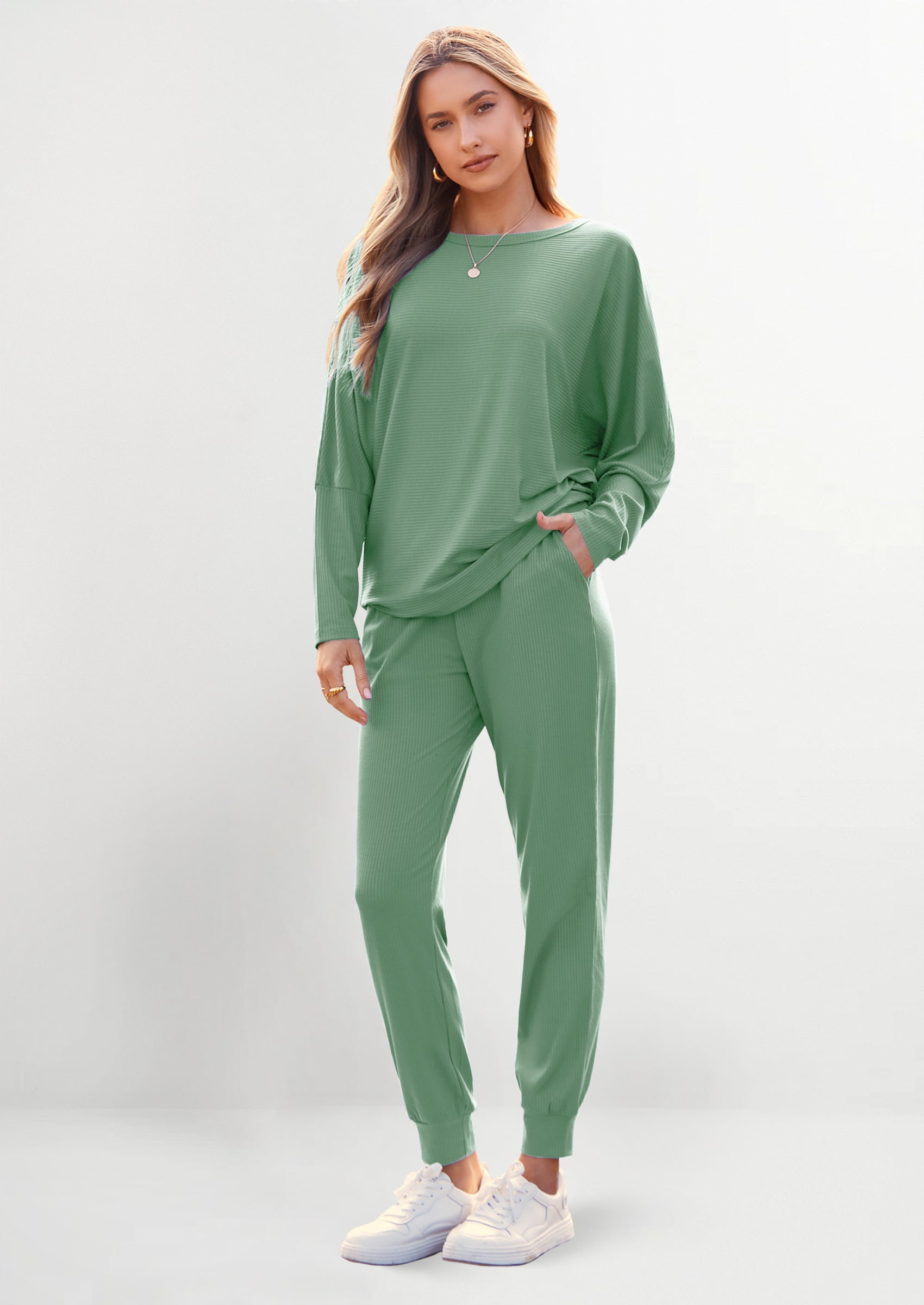 Chichi Women's Fall 2 Piece Lounge Set Long Sleeve Tops Ribbed Pants Spring Matching Sweatsuit Travel Outfits Clothes Light Green