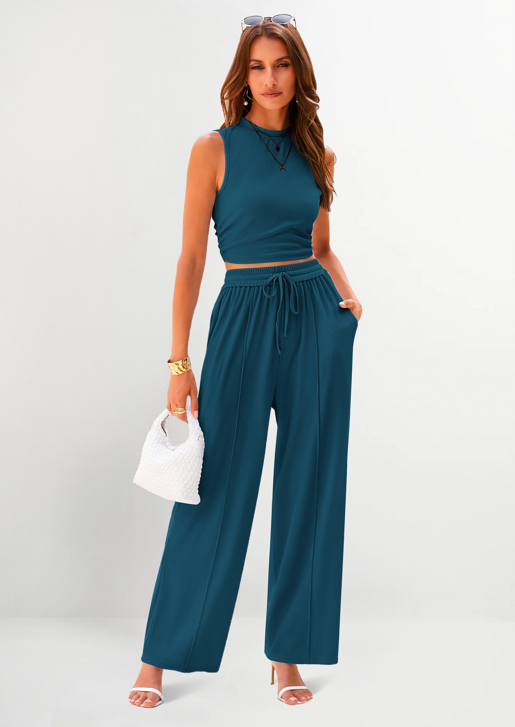Chichi 2 Piece Sets Sleeveless Tank Ribbed Travel Vacation Lounge Wear Outfits Lake Blue