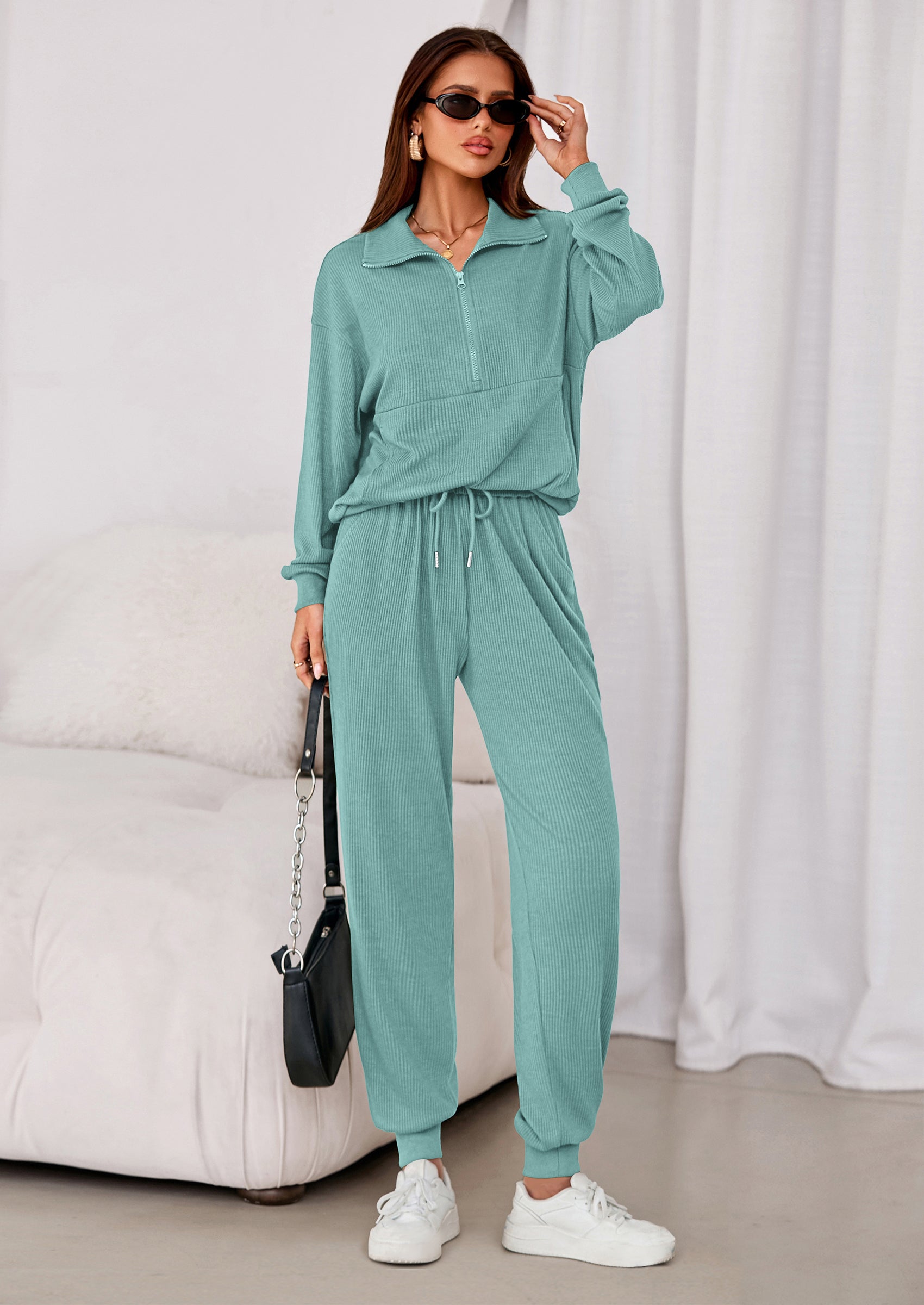 Chichi Women's Fall 2 Piece Lounge Sets Zip Up Sweatshirt Jogger Pants Sweat Track Suits Travel Outfit Winter Clothing Army Green