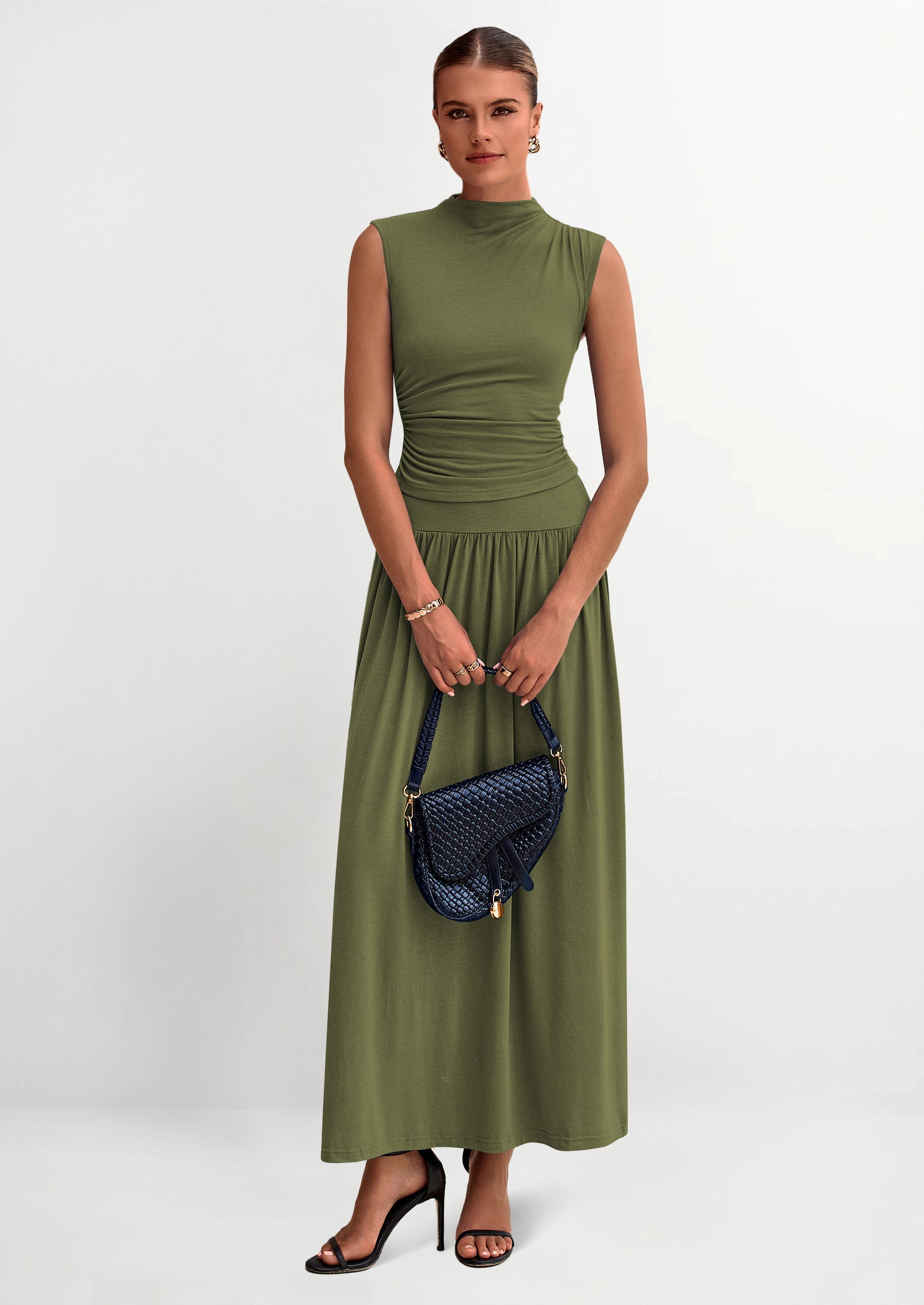 Chichi Womens Skirt Sets Summer Ruched Tank Tops Ruffle Maxi Skirts Wedding Guest Matching 2 Piece Outfits Army Green