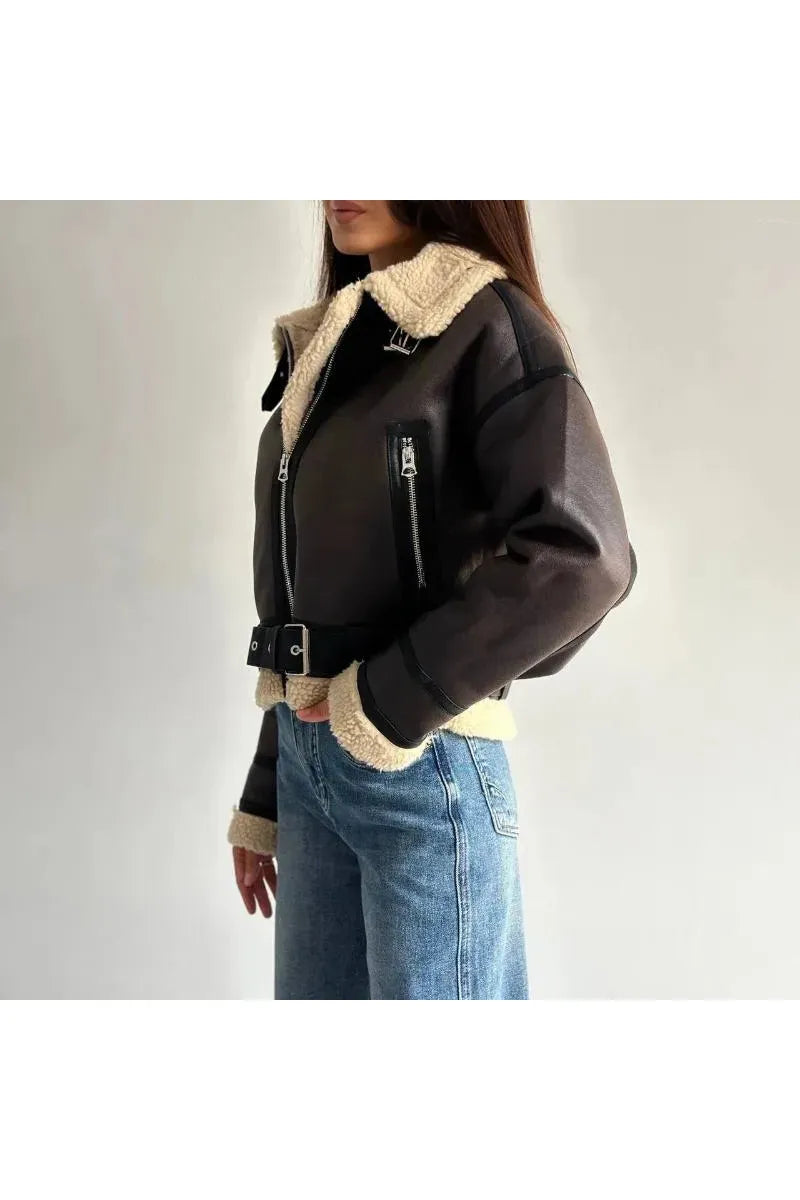 Molly | Leather Fur Coat Mocca