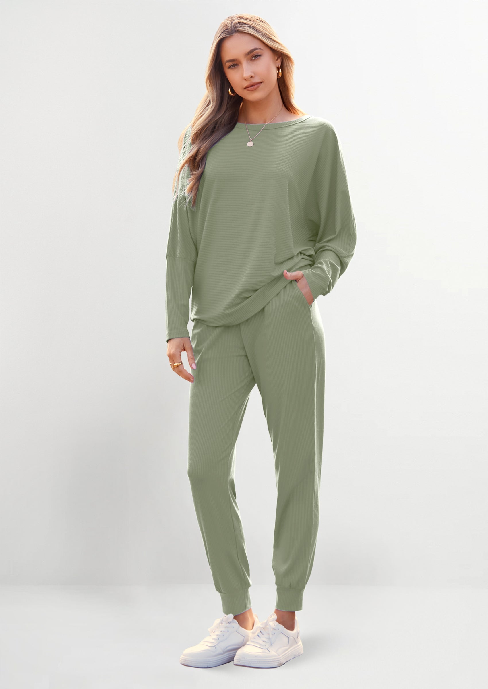 Chichi Women's Fall 2 Piece Lounge Set Long Sleeve Tops Ribbed Pants Spring Matching Sweatsuit Travel Outfits Clothes Bean Green