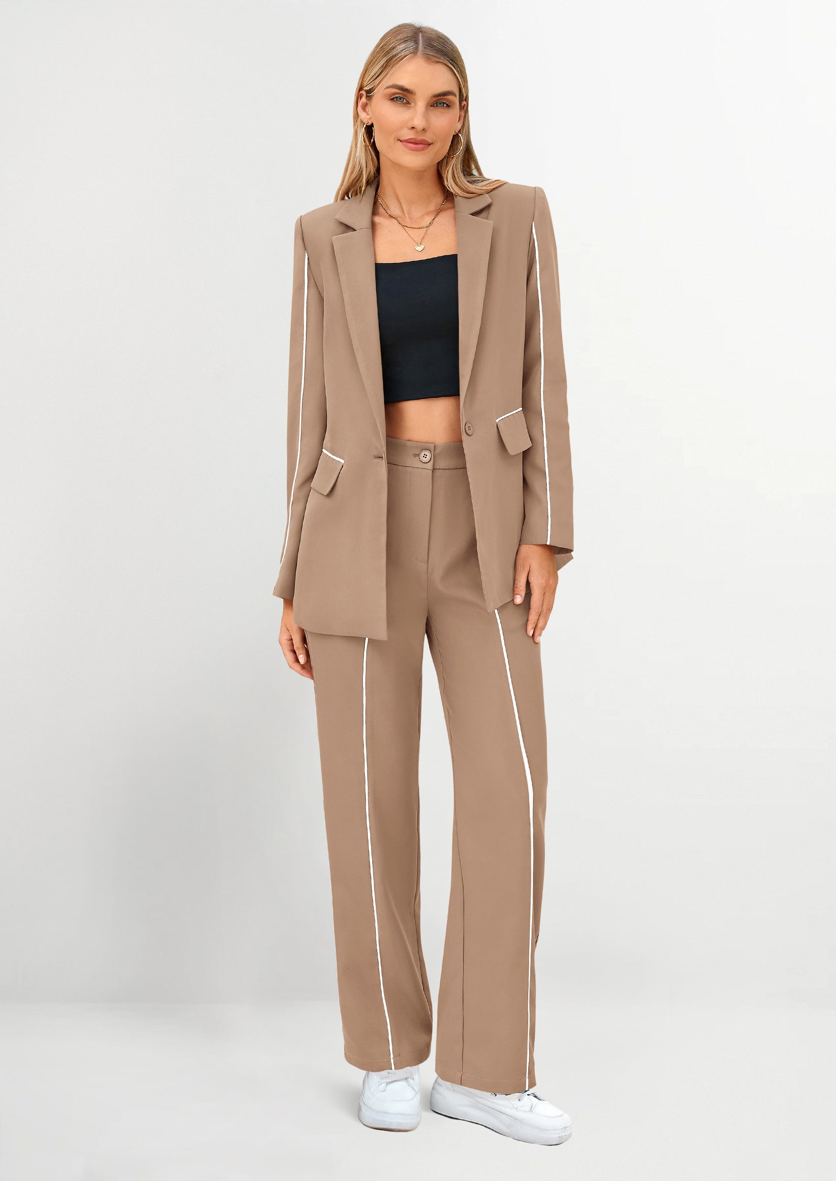 Chichi 2 Piece Blazer Outfits Business Casual Oversized Jacket Wide Leg Work Pants Dressy Suit Set Beige
